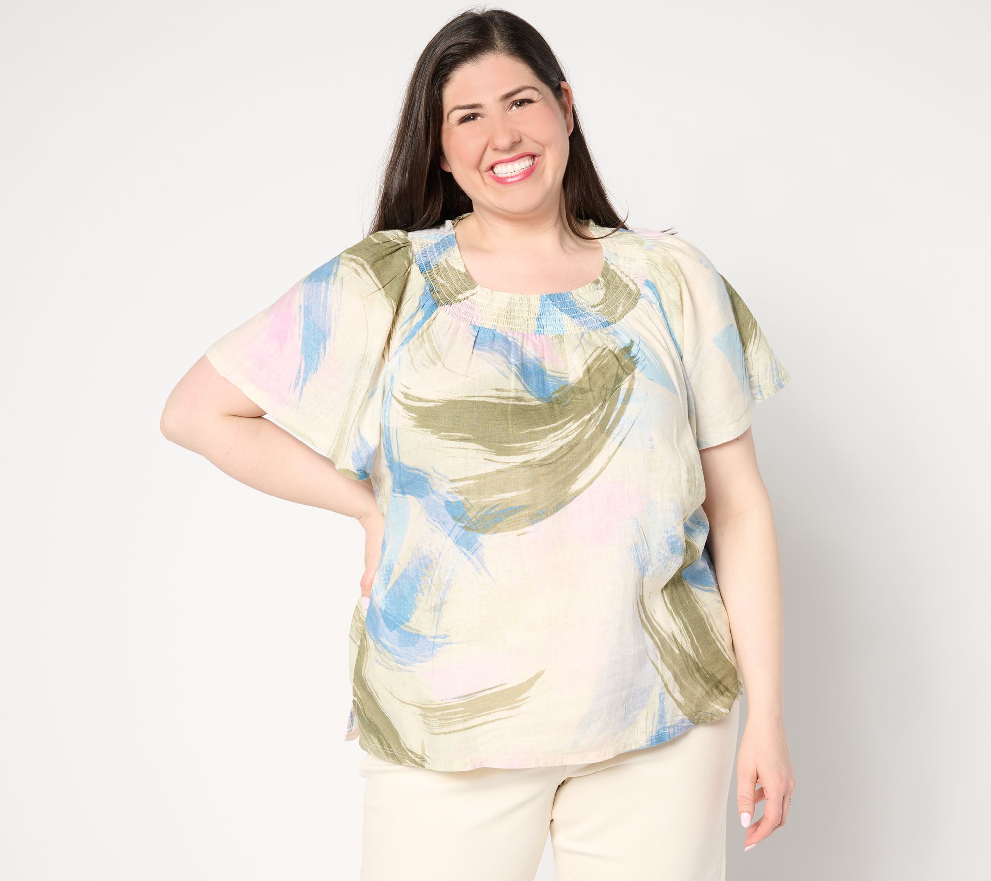 Denim & Co. Naturals Linen Blend Flutter Sleeve Smocked Blouse