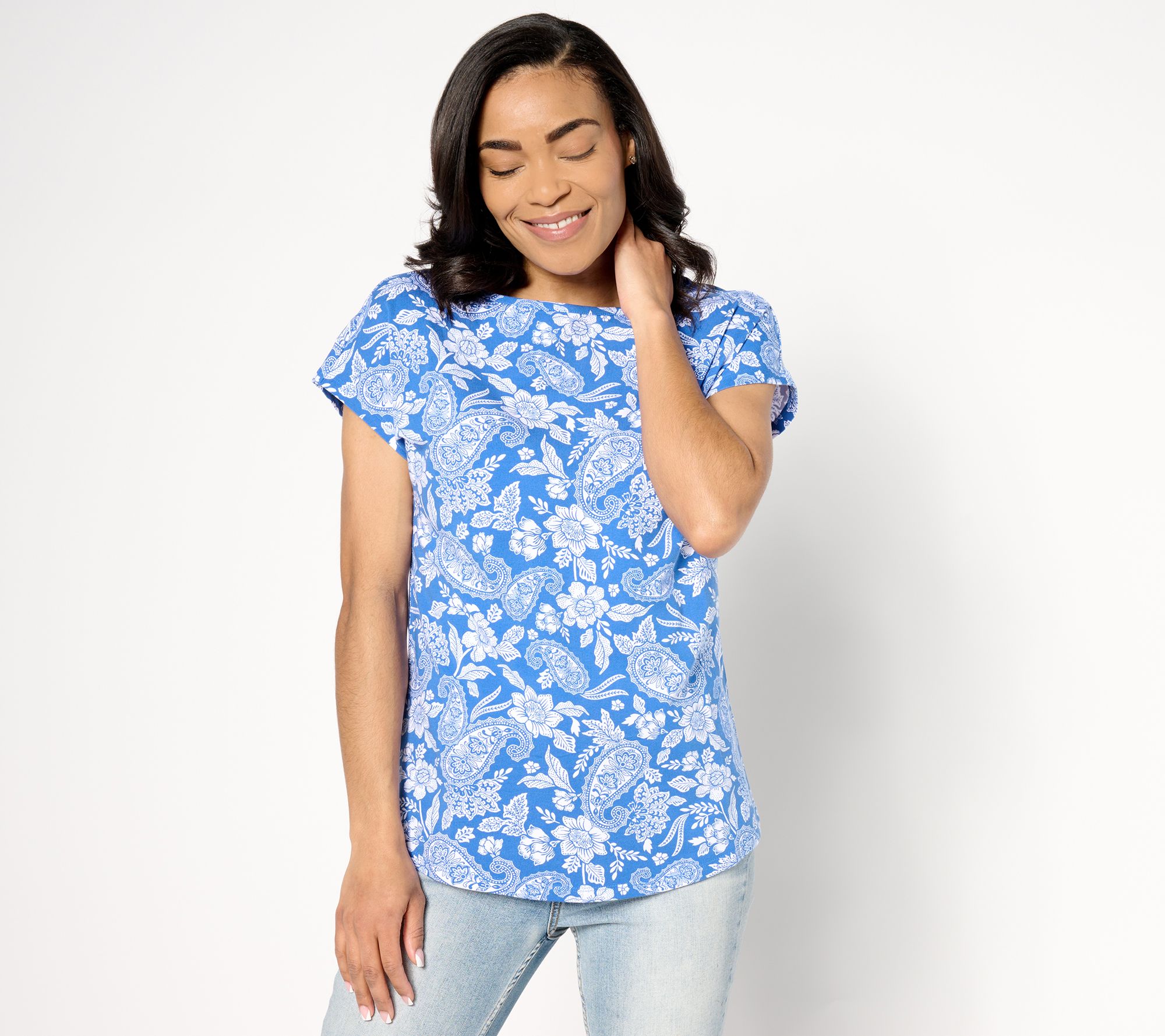 Denim & Co. Printed Favorite Jersey Boatneck Dolman Top