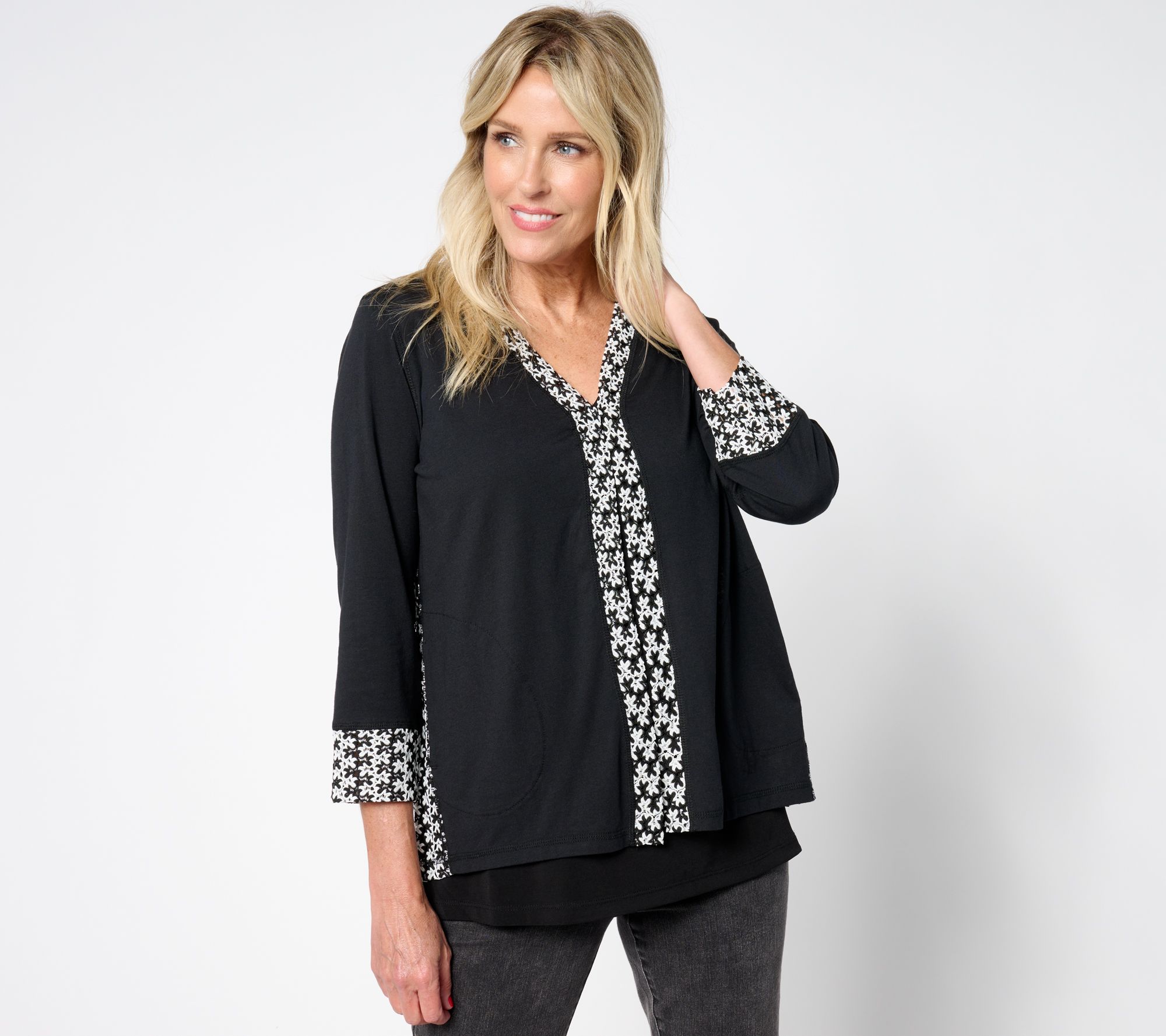 LOGO by Lori Goldstein 3/4 Sleeve Raschel Knit Mix Cardigan