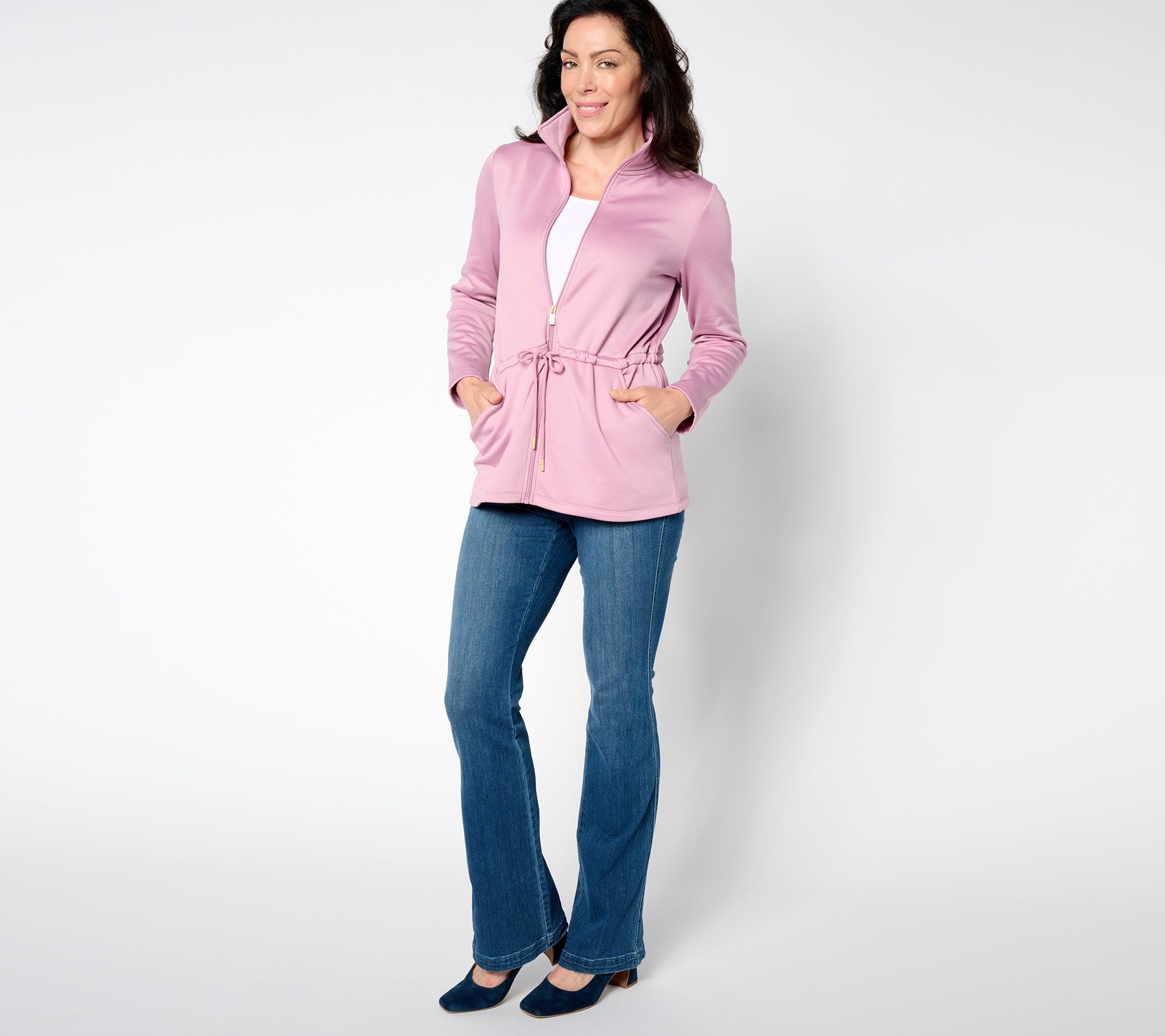 【GRAVER】heartboard embroidery white clip fleecezipupjacket Susan Graver Chic Fleece Cinched Waist Jacket - QVC.com