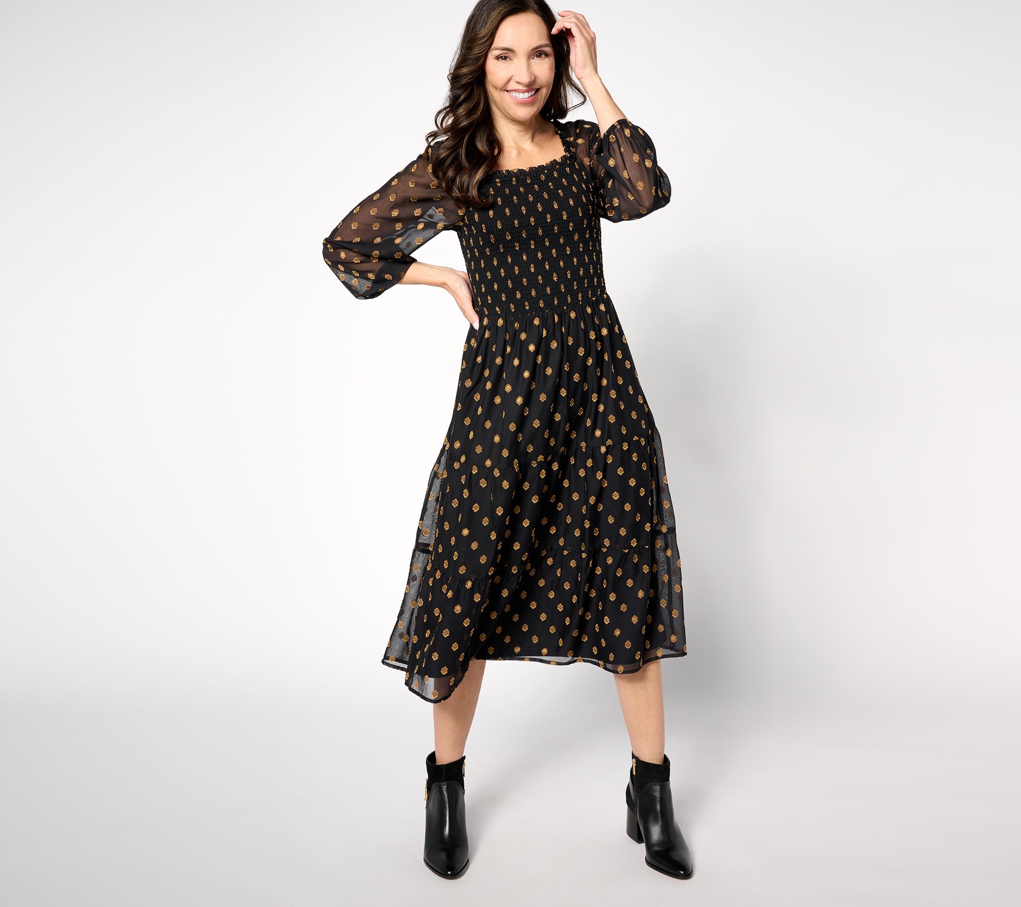"As Is" Denim & Co. Canyon Retreat Smocked Jacquard Midi Dress