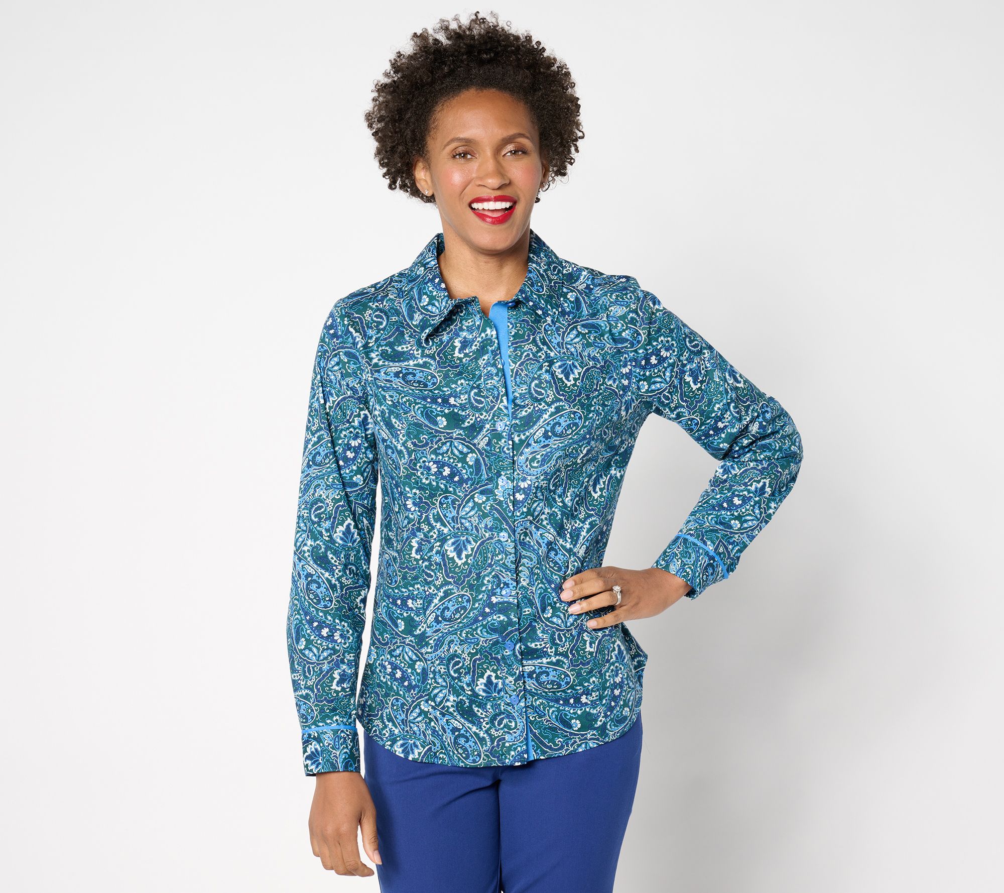 Isaac Mizrahi Live! Estate Print or Solid Stretch Poplin Blouse