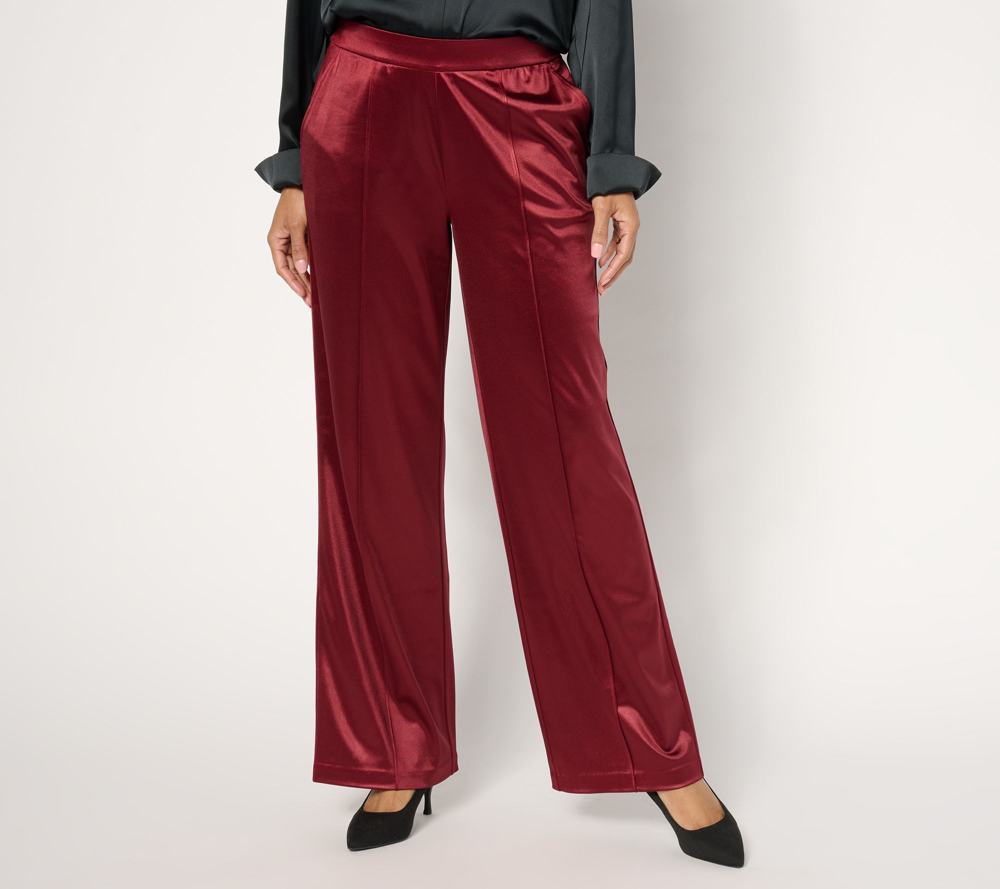 Isaac Mizrahi Live! Petite Always Isaac Knit Satin Wide Leg Pants