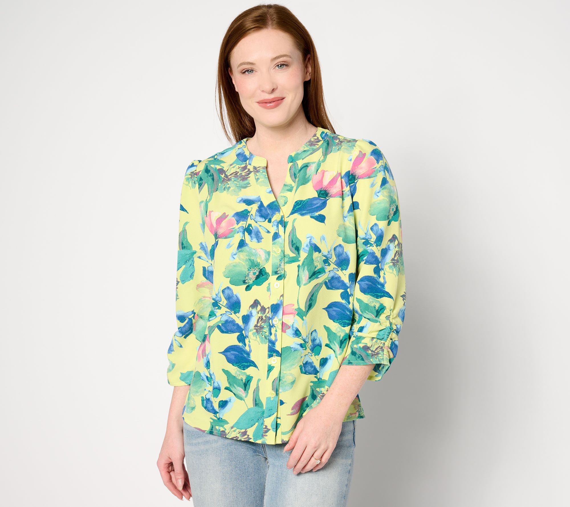 "As Is" Denim & Printed Y-Neck Blouse with Sleeve Detail