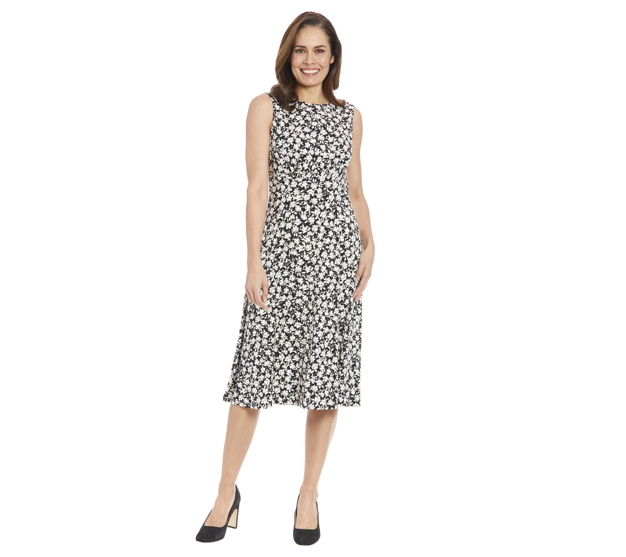 London Times Printed Sleeveless Midi Dress with Inset Waist