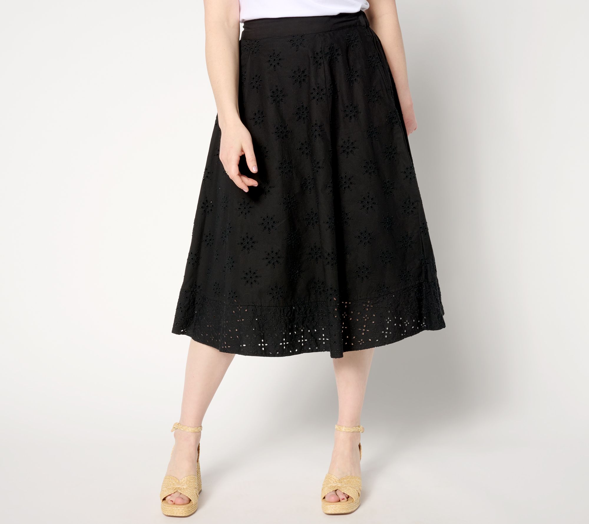 "As Is" Isaac Mizrahi Live! Pet Embroidered Cotton Eyelet Midi Skirt