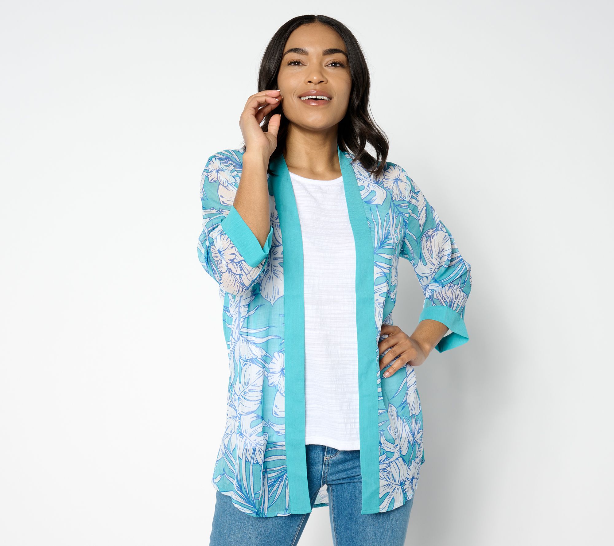 "As Is" Denim & Co. Tropical Palm Printed Open Front Topper