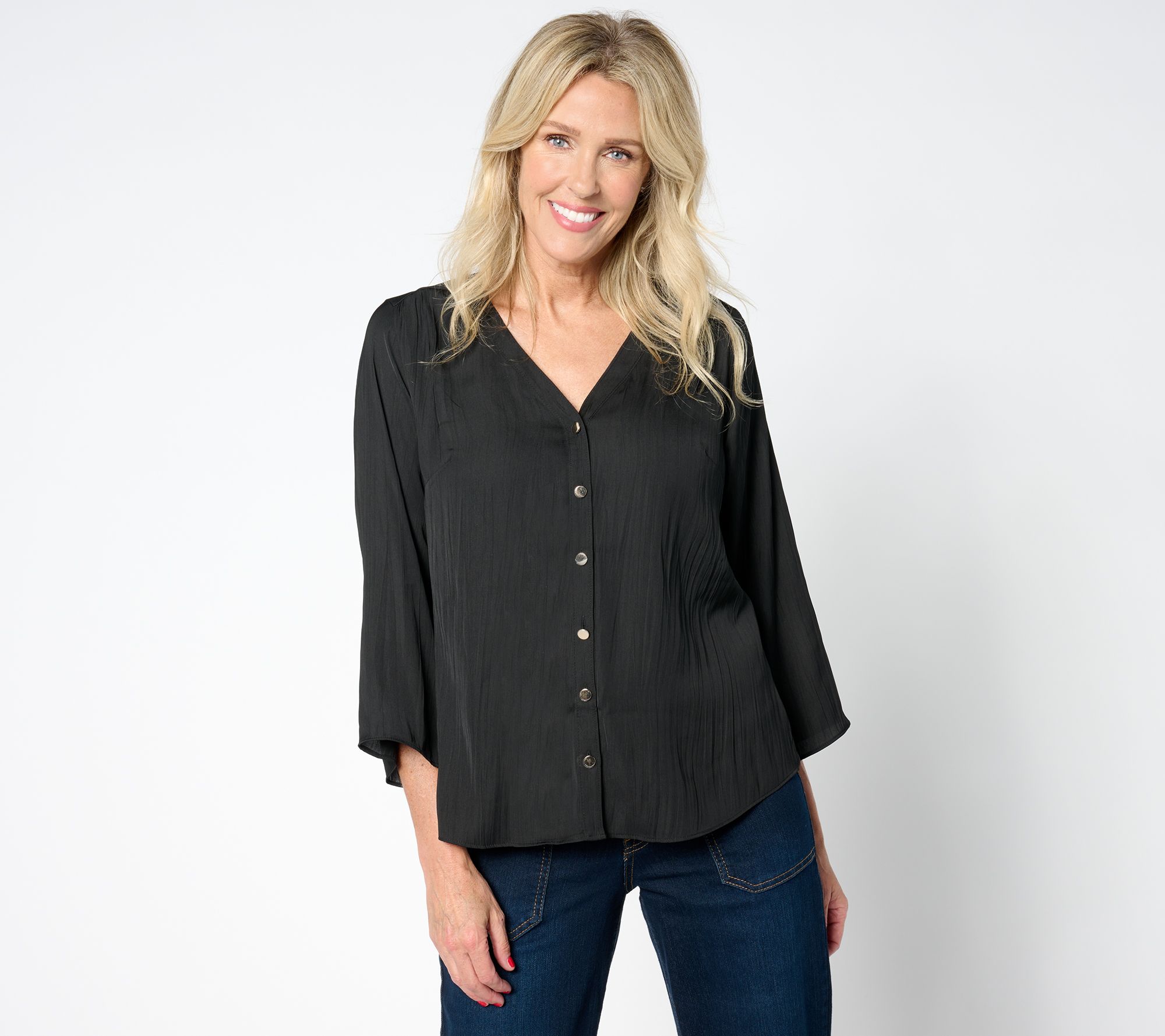 "As Is" Isaac Mizrahi Live! Flowy Crinkle Satin Button Front Blouse