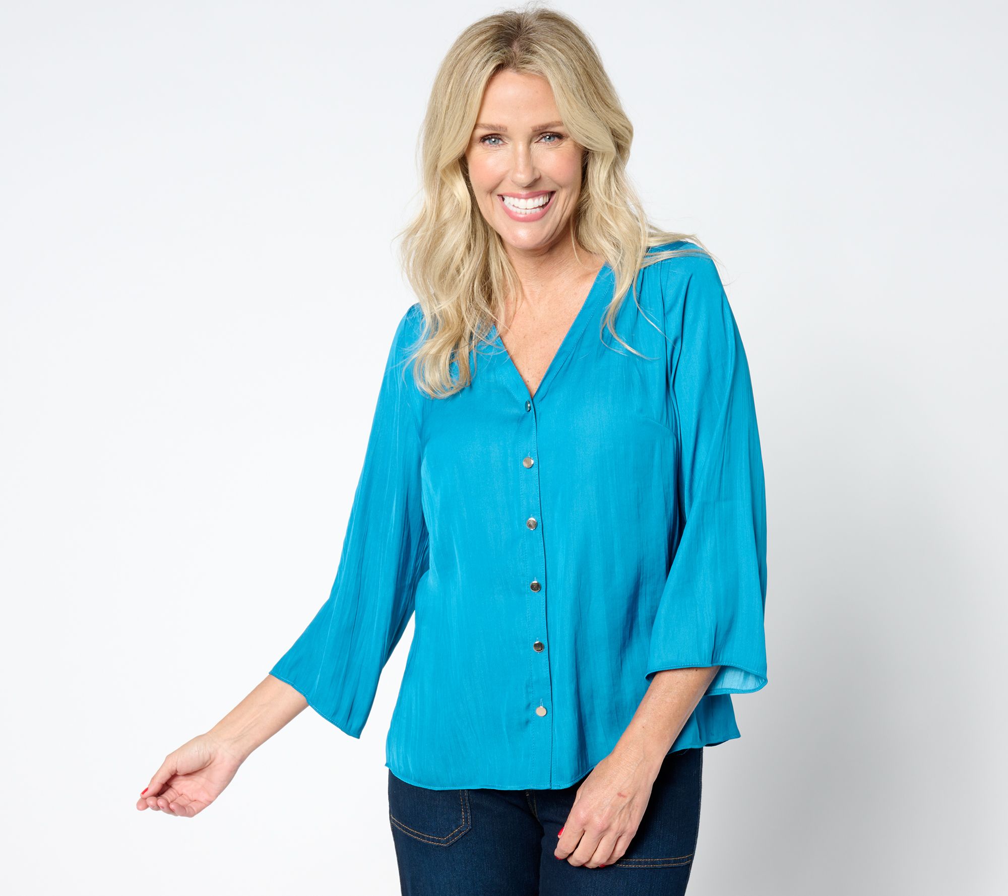 "As Is" Isaac Mizrahi Live! Flowy Crinkle Satin Button Front Blouse