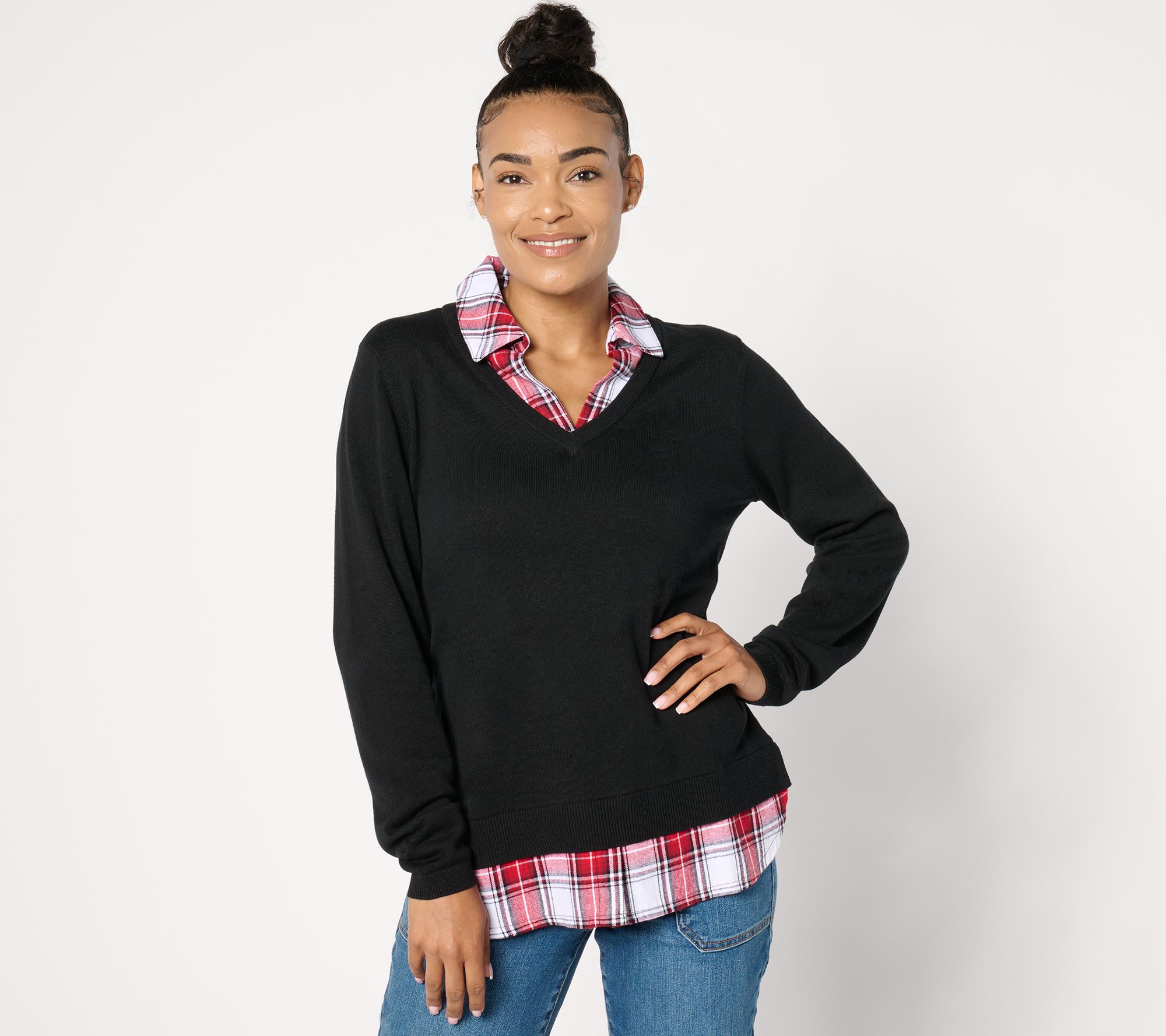 "As Is" Joan Rivers V-Neck Mixed Media 2Fer Sweater w/ Tartan Flannel