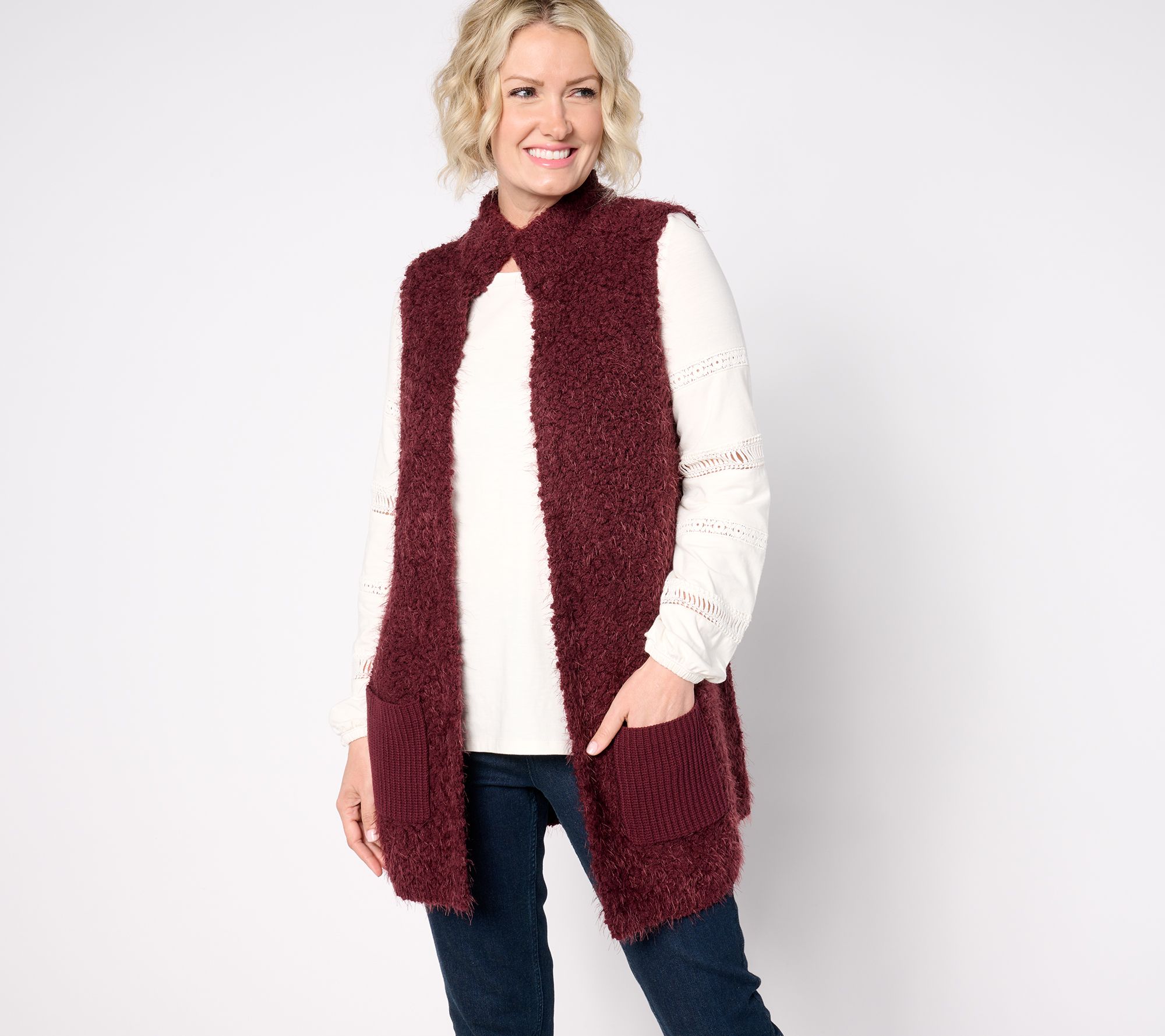 "As Is" Belle Boho by Kim Gravel Textured Boucle Sweater Vest w/Pockets