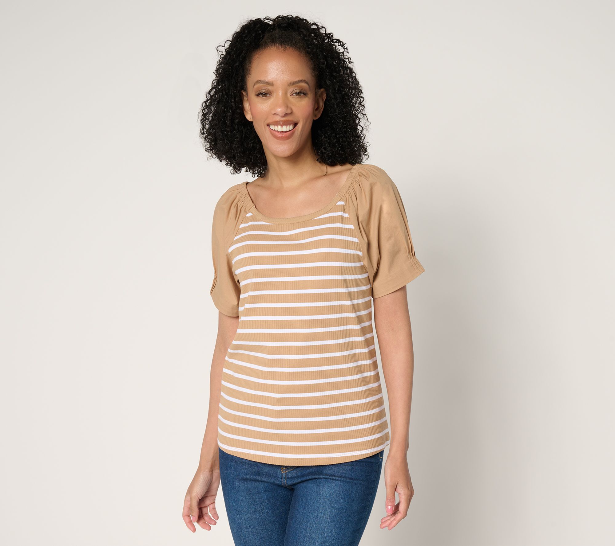Isaac Mizrahi Live! Yacht Club Rib Knit Puff Sleeve Top