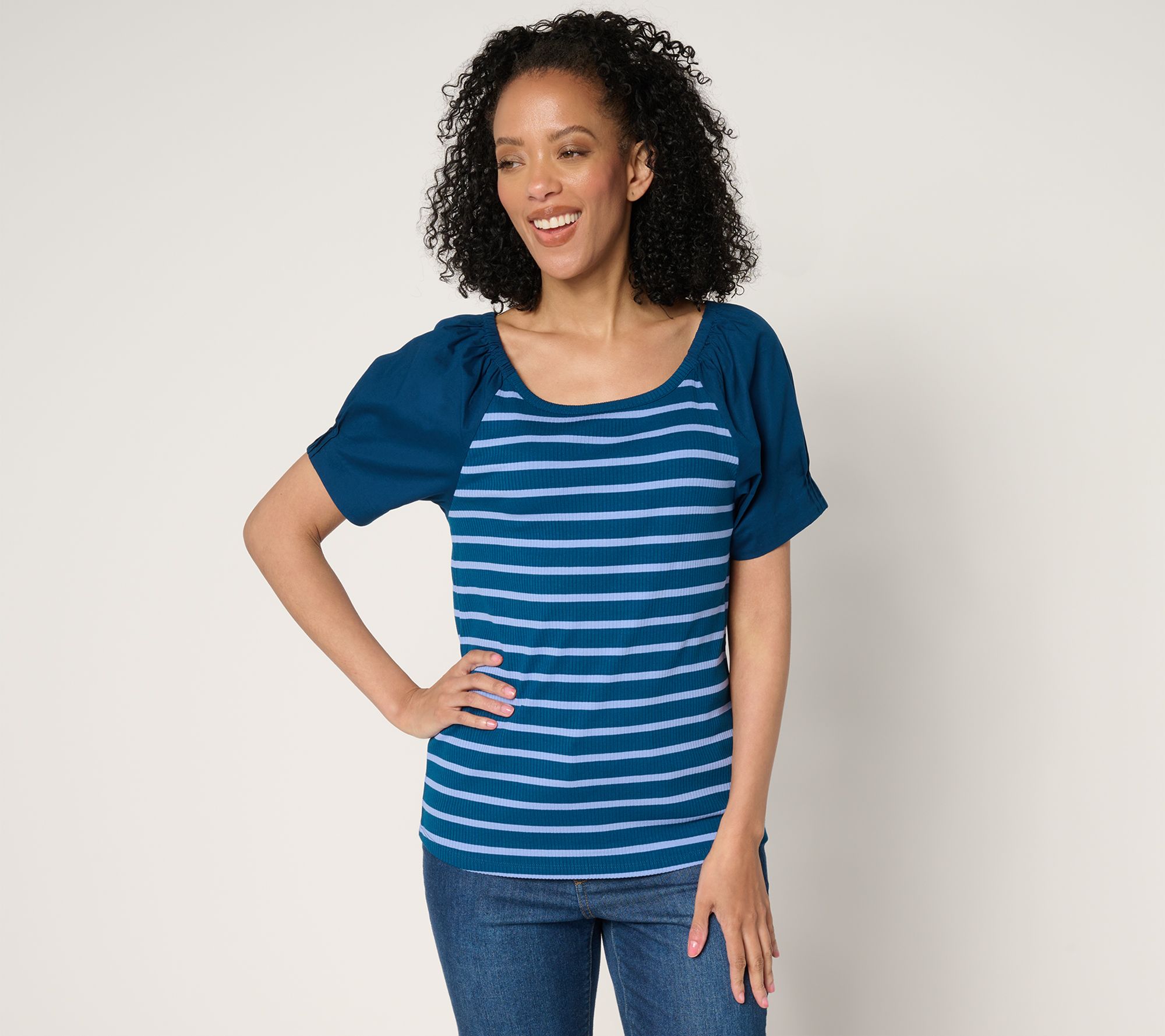 Isaac Mizrahi Live! Yacht Club Rib Knit Puff Sleeve Top