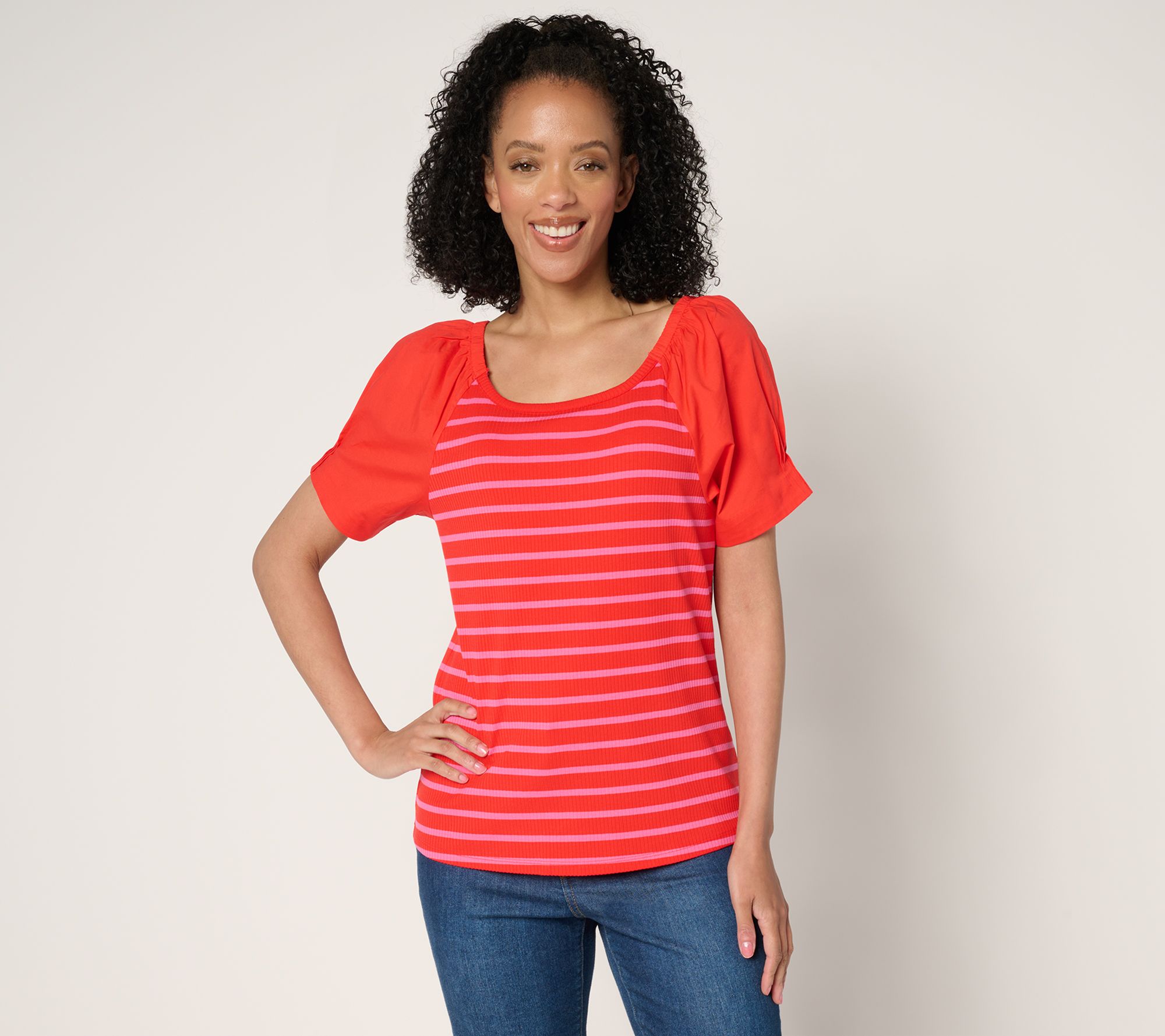 Isaac Mizrahi Live! Yacht Club Rib Knit Puff Sleeve Top