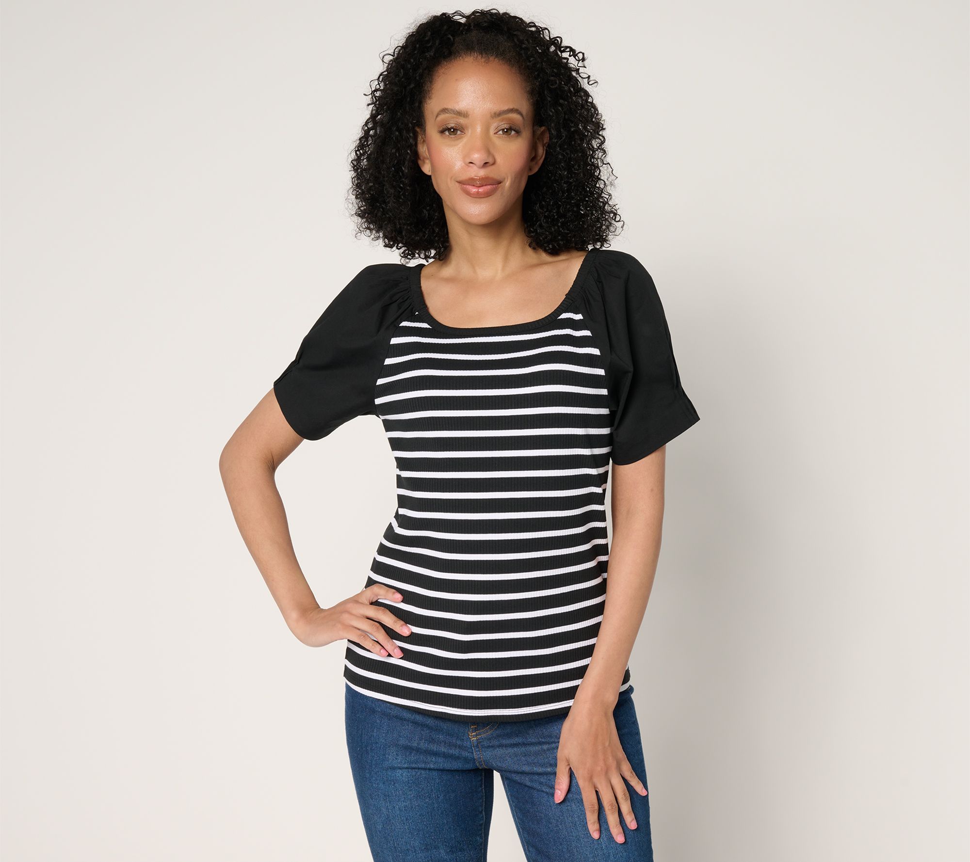 Isaac Mizrahi Live! Yacht Club Rib Knit Puff Sleeve Top