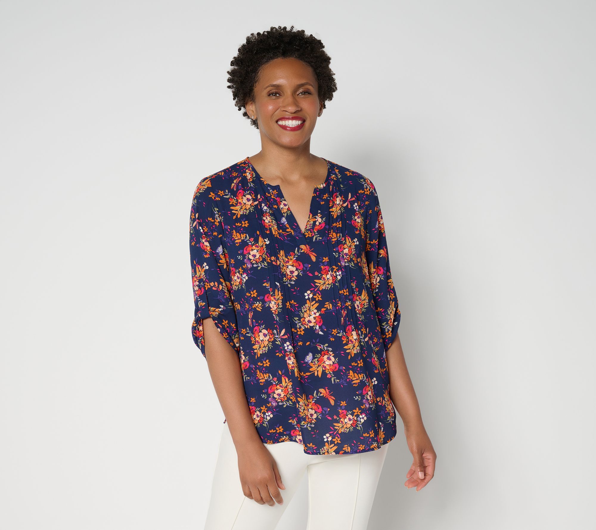 Joan Rivers Georgette Split V-Neck Pintuck Blouse