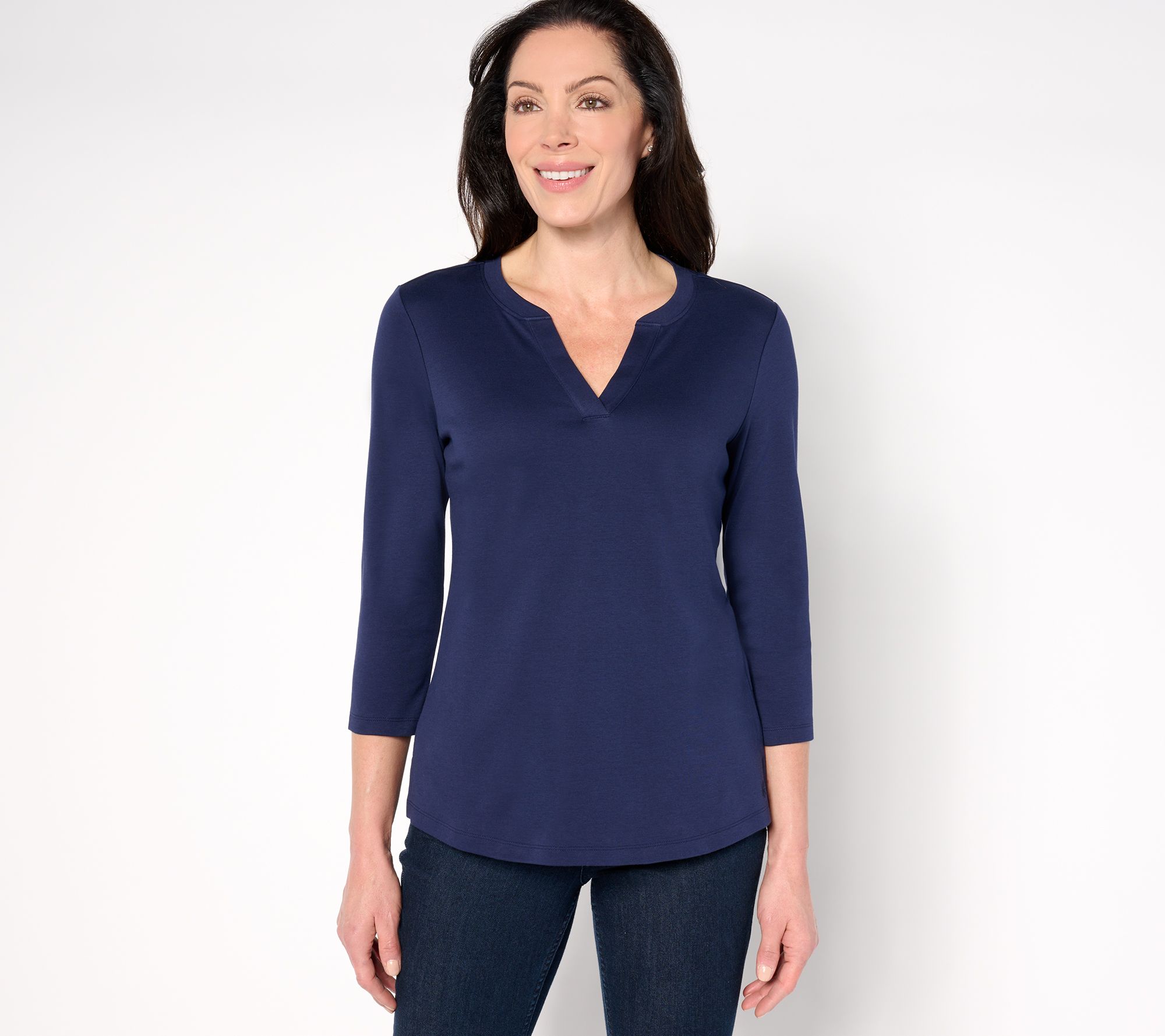 "As Is" Isaac Mizrahi Live! Essentials Pima Cotton Split Neck Top