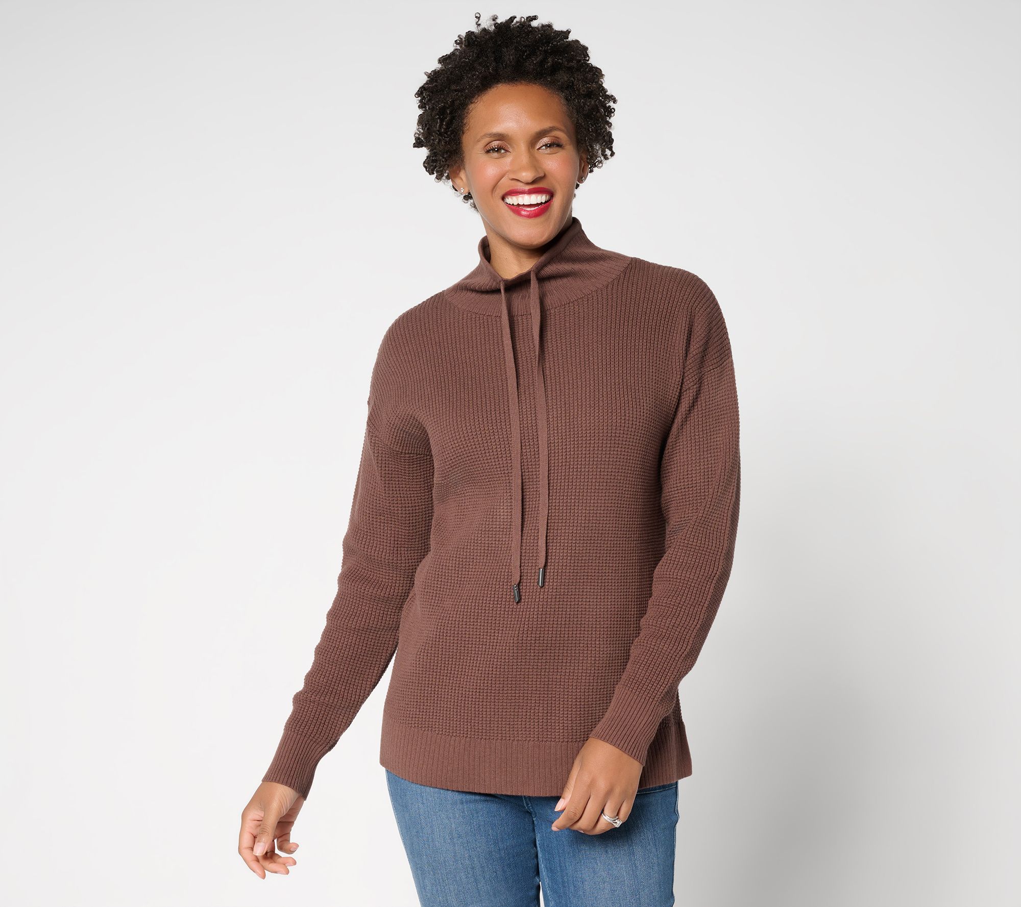 Belle by Kim Gravel Waffle Stitch Drawstring Neck Sweater