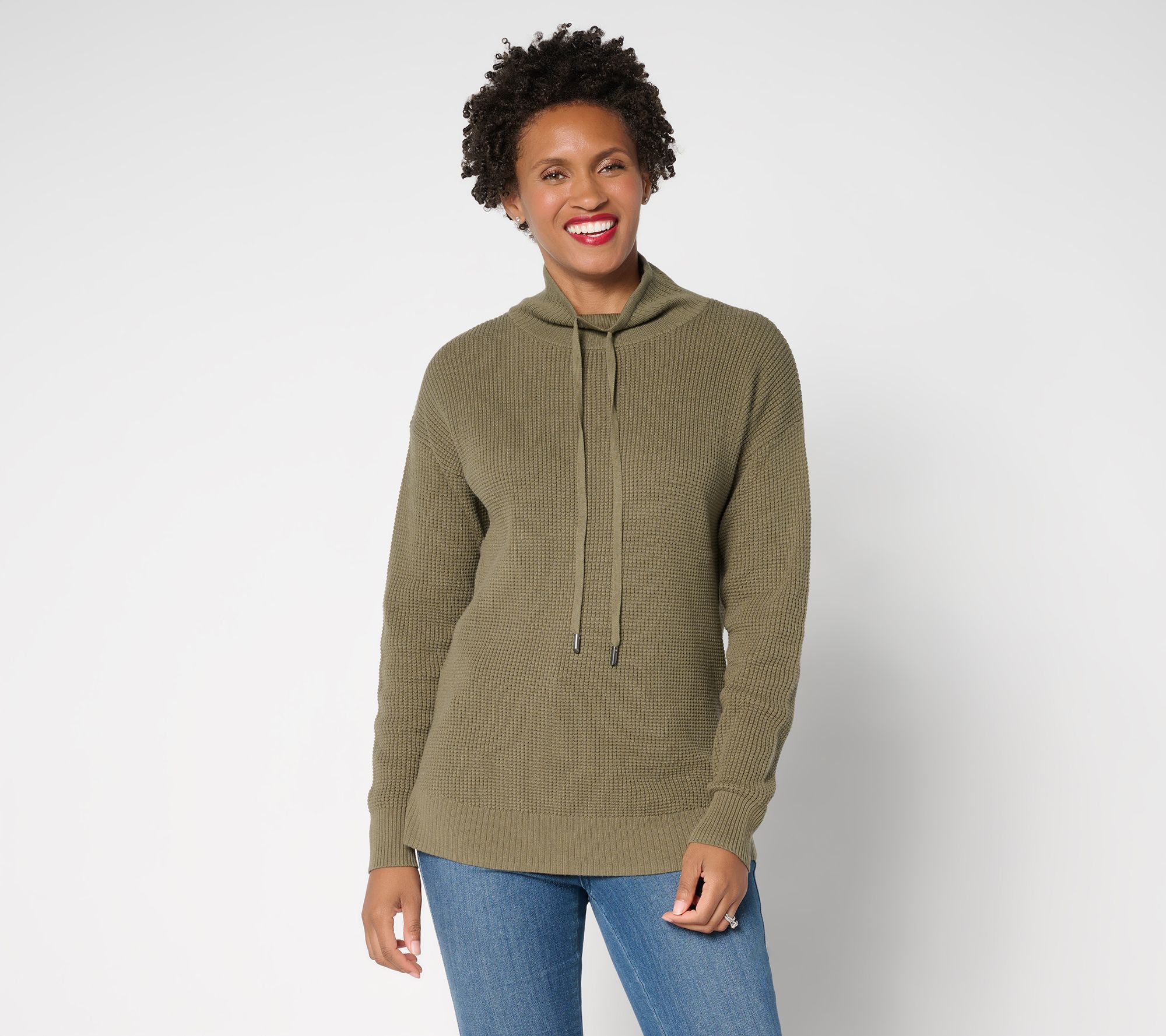 Belle by Kim Gravel Waffle Stitch Drawstring Neck Sweater