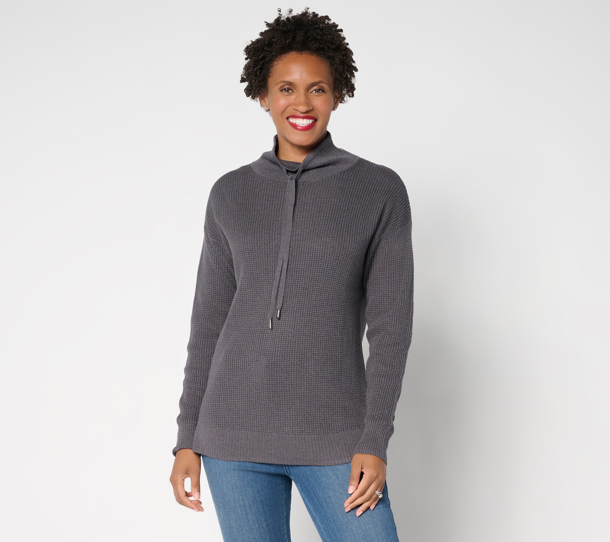 Belle by Kim Gravel Waffle Stitch Drawstring Neck Sweater