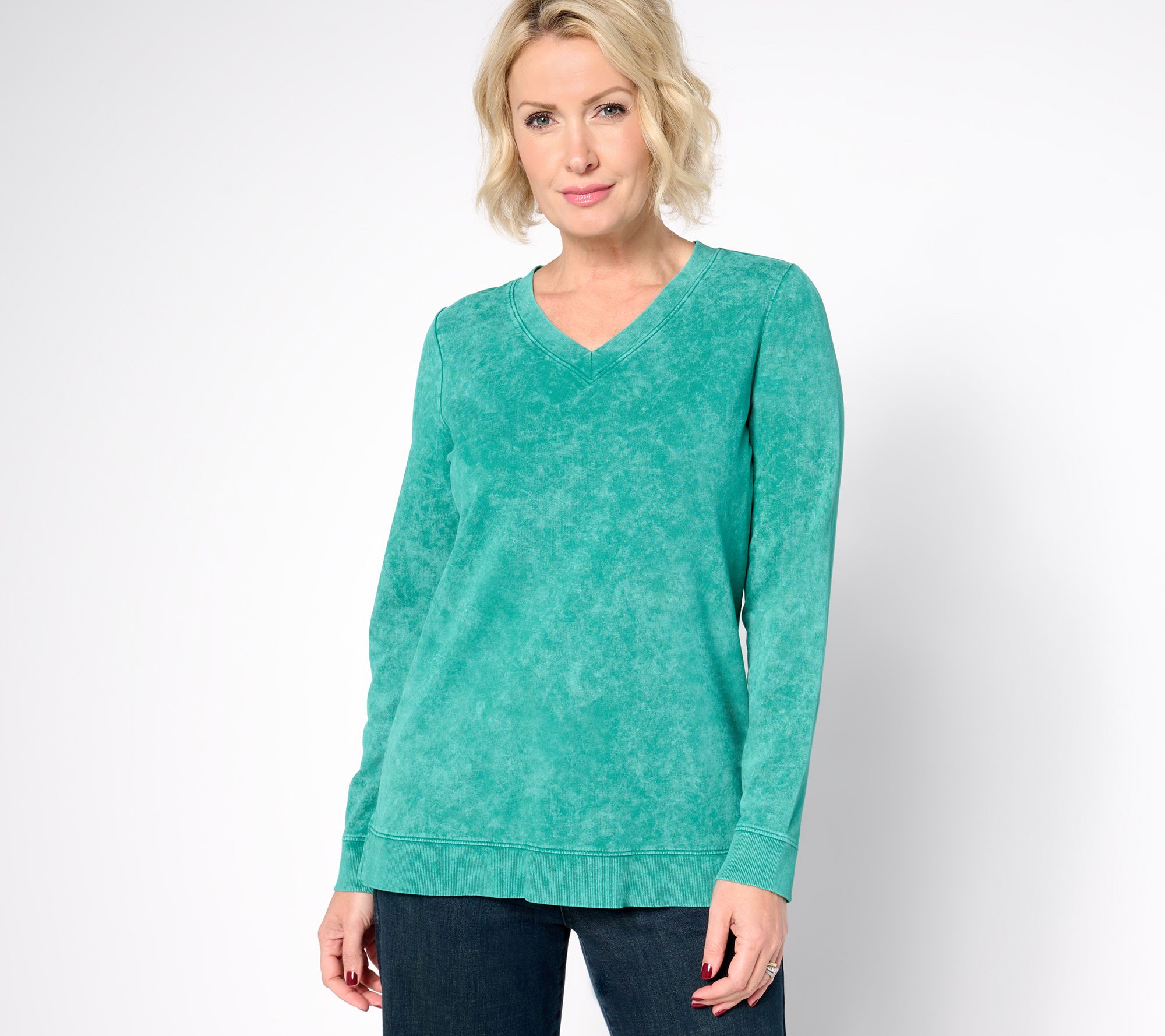 "As Is" Denim & Co. Washed French Terry Long Sleeve V-Neck Pul - A699617