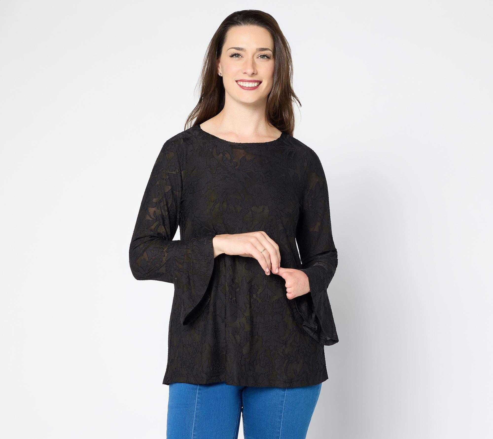 Susan Graver Burnout Knit Top with Flounce Sleeves