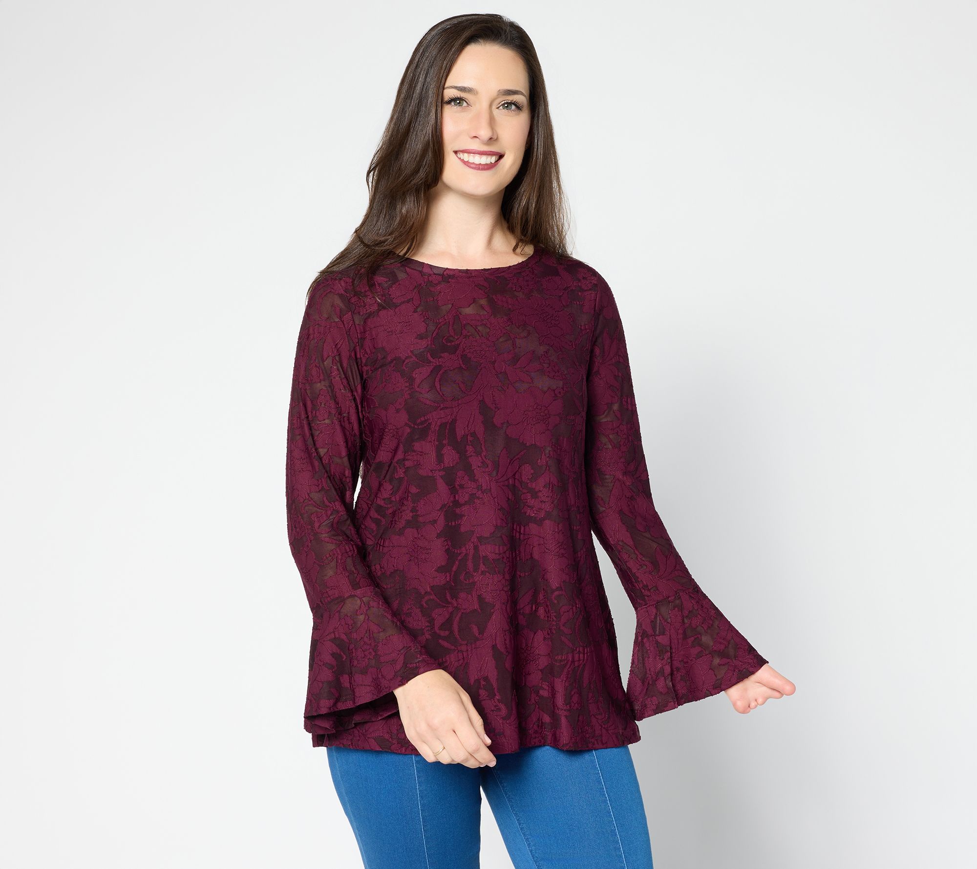 Susan Graver Burnout Knit Top with Flounce Sleeves