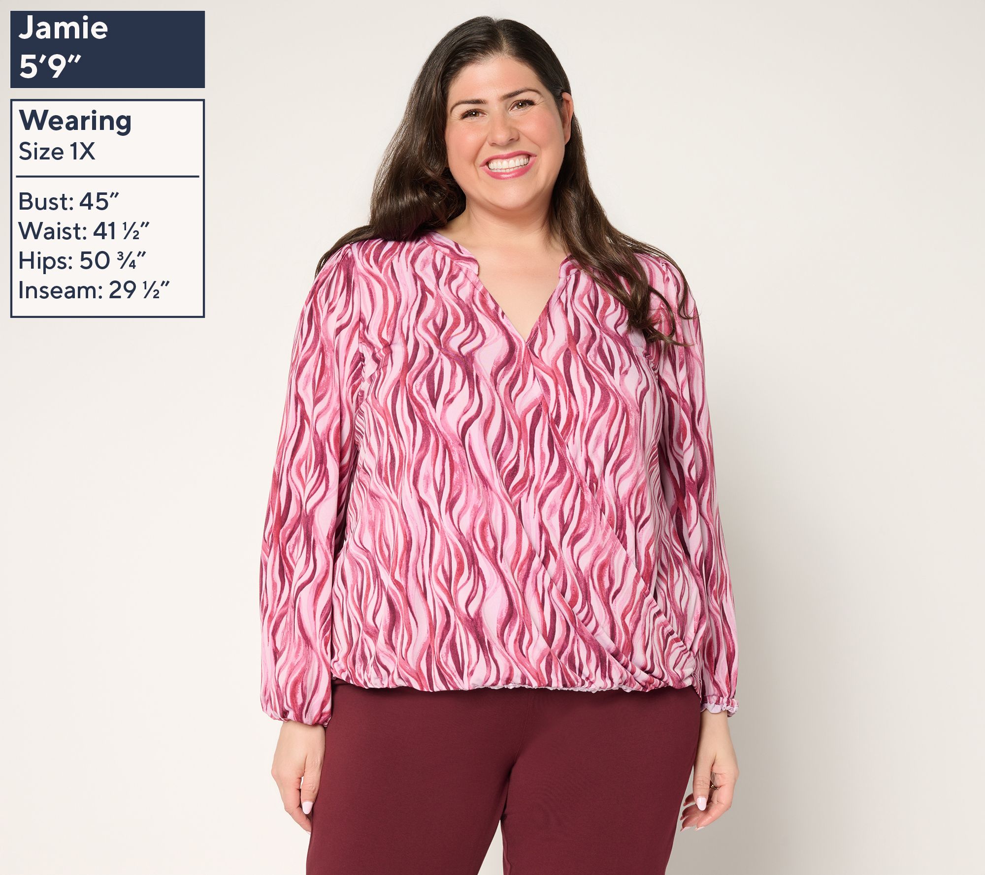 Susan Graver Printed Liquid Knit Surplice Top with Hi-Low Hem