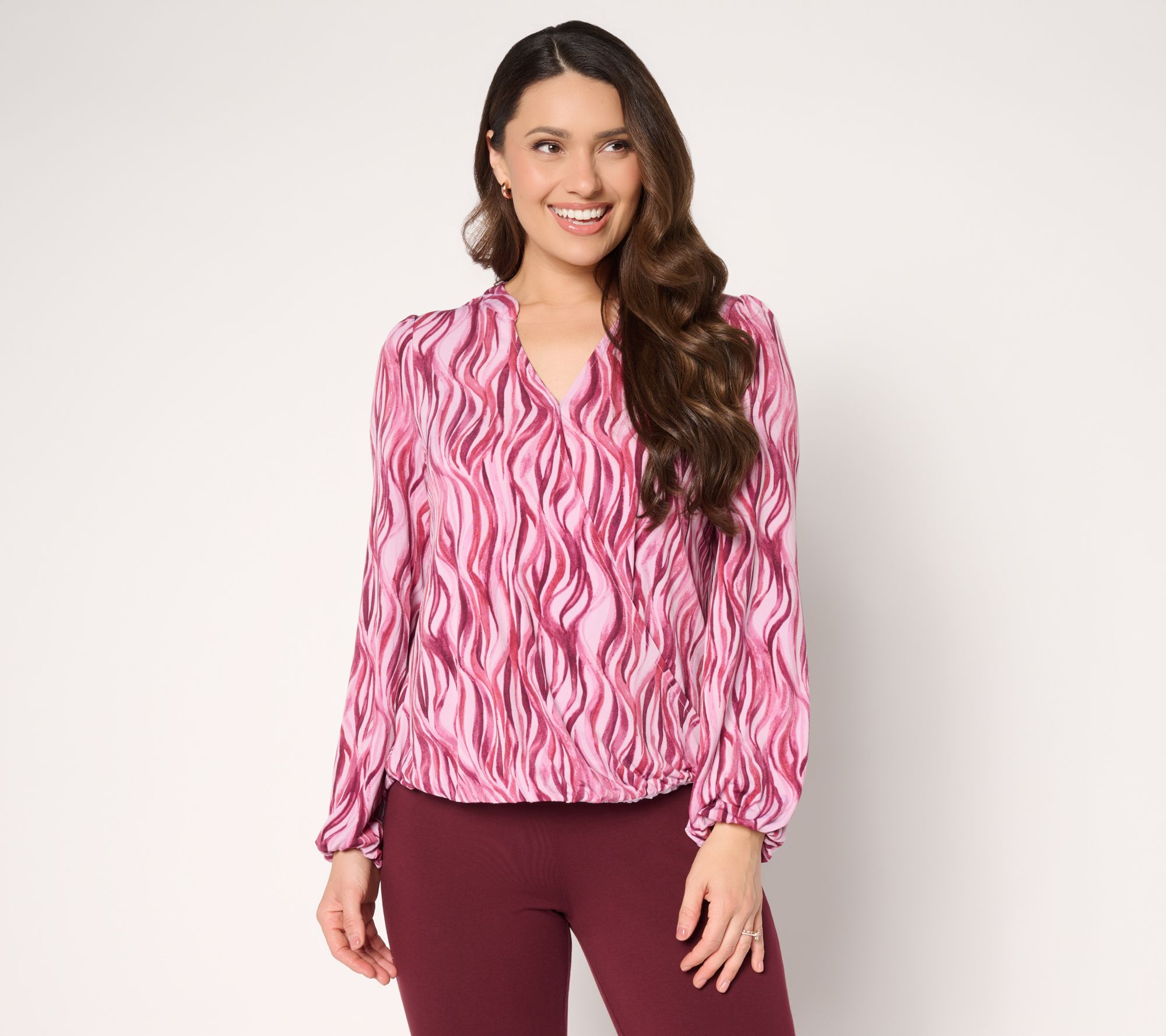 Susan Graver Printed Liquid Knit Surplice Top with Hi-Low Hem