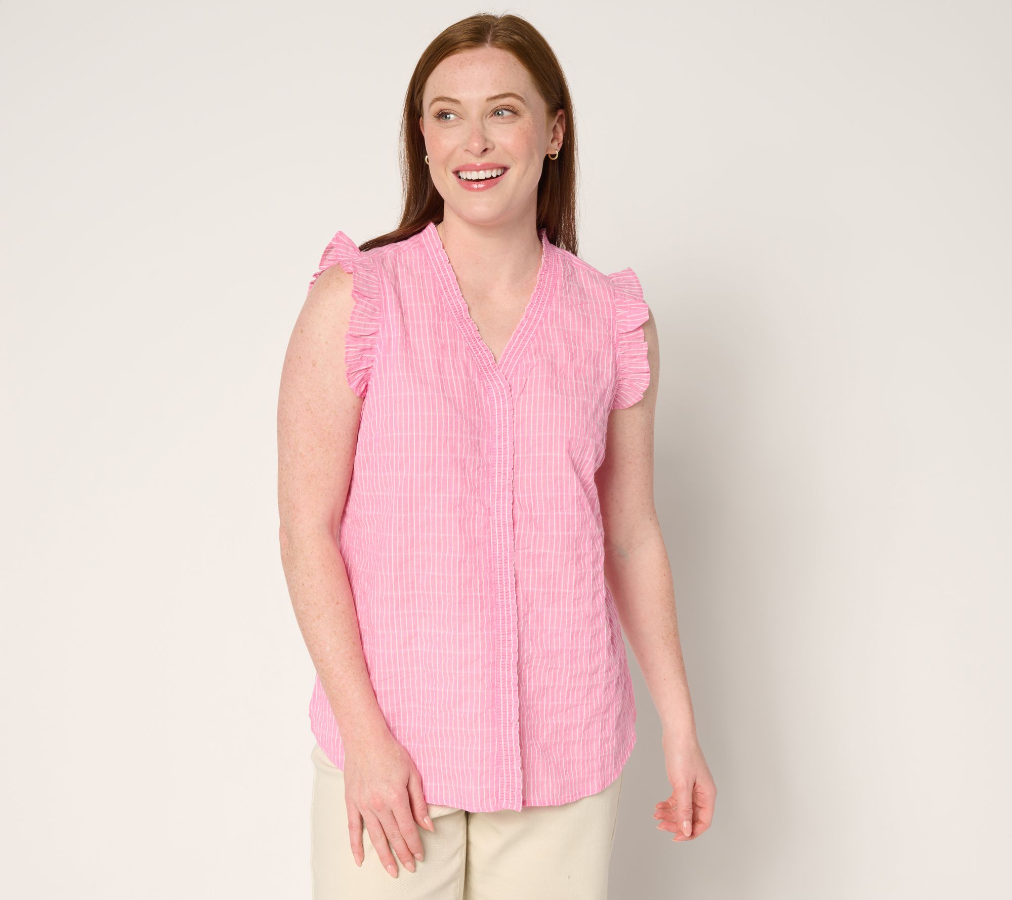 "As Is" Belle by Kim Gravel Pinstripe Ruffle Shoulder Button Up Top