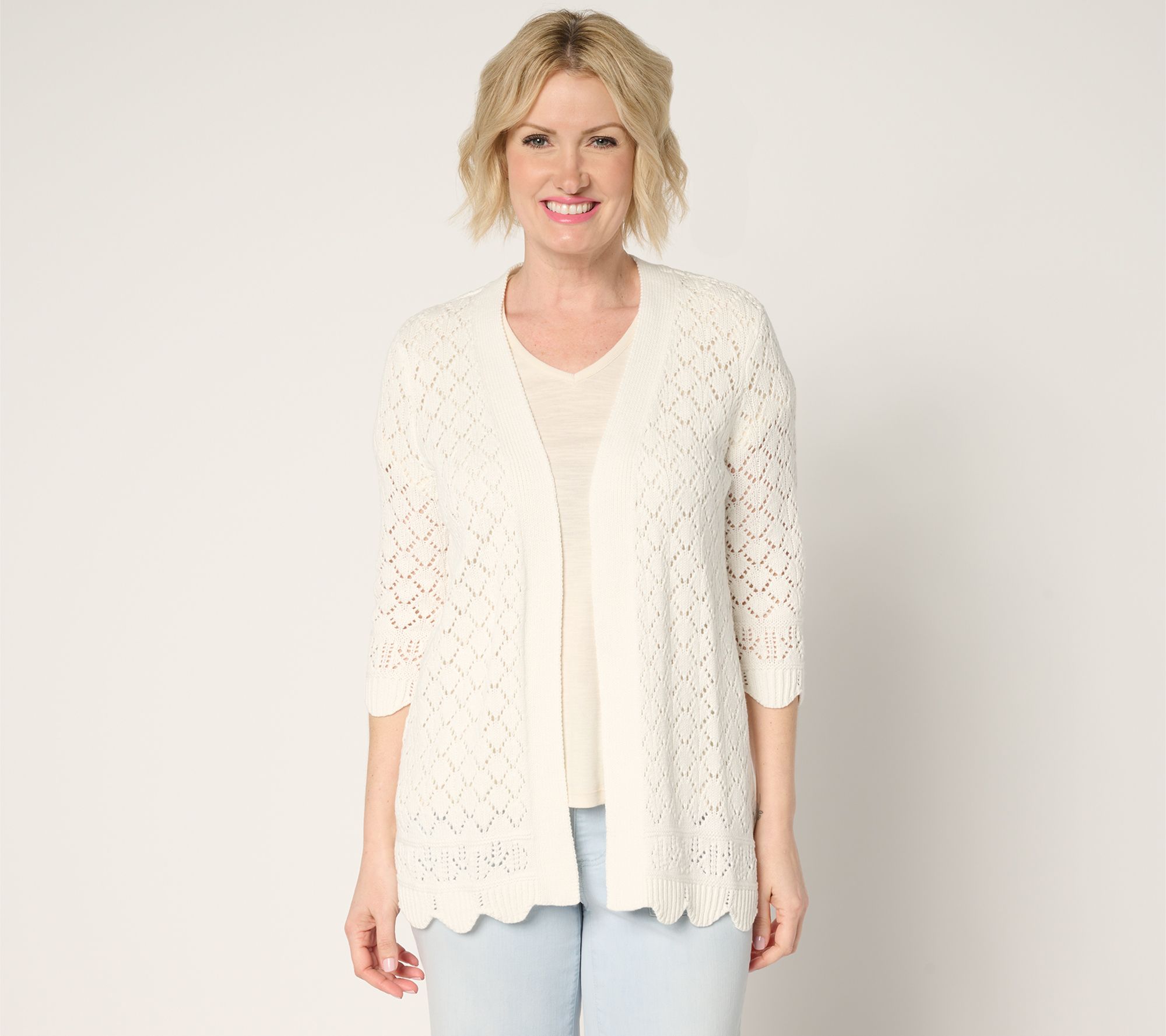 "As Is" Denim & Co. Regular 100% Cotton Pointelle Cardigan