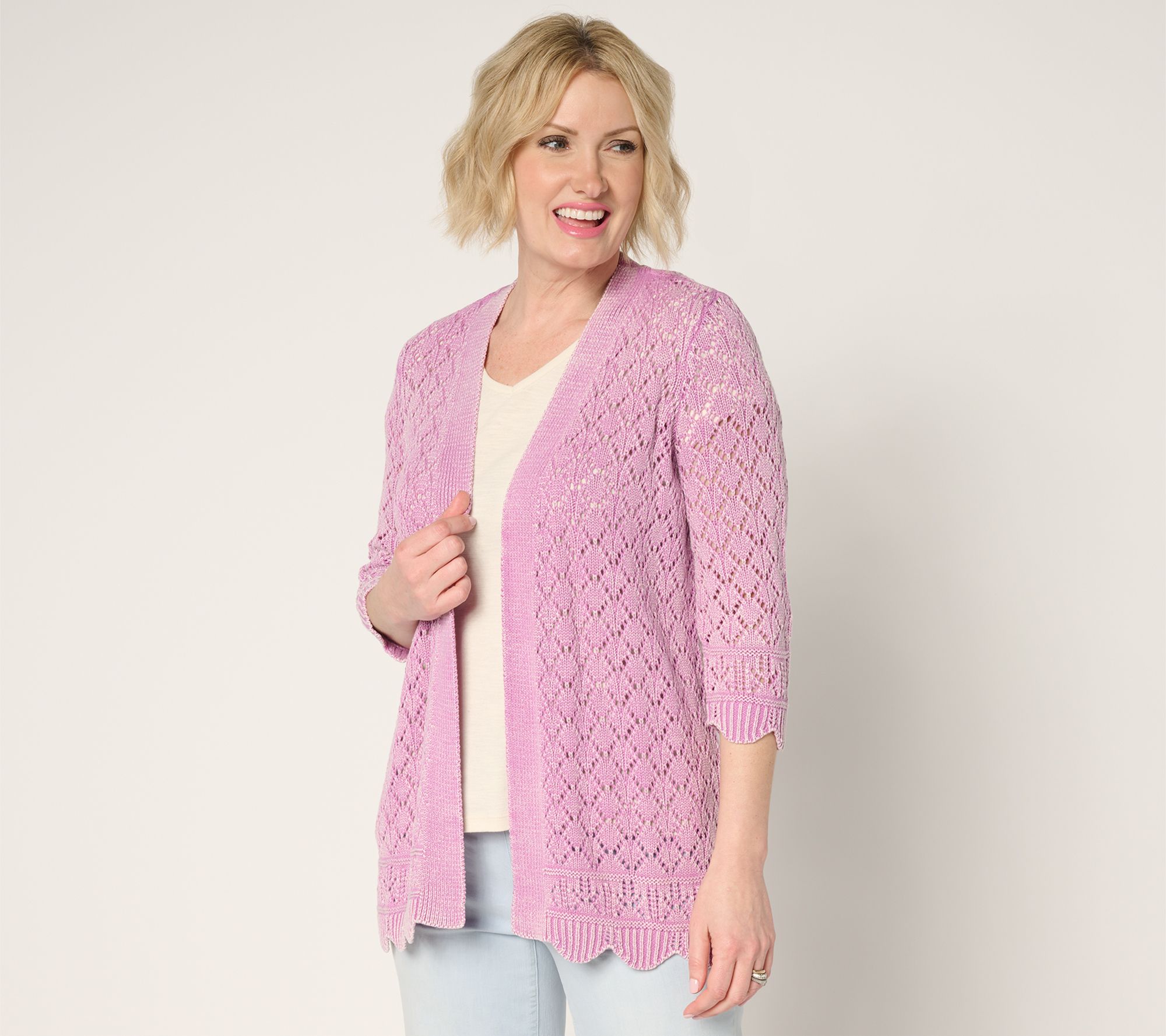 "As Is" Denim & Co. Regular 100% Cotton Pointelle Cardigan