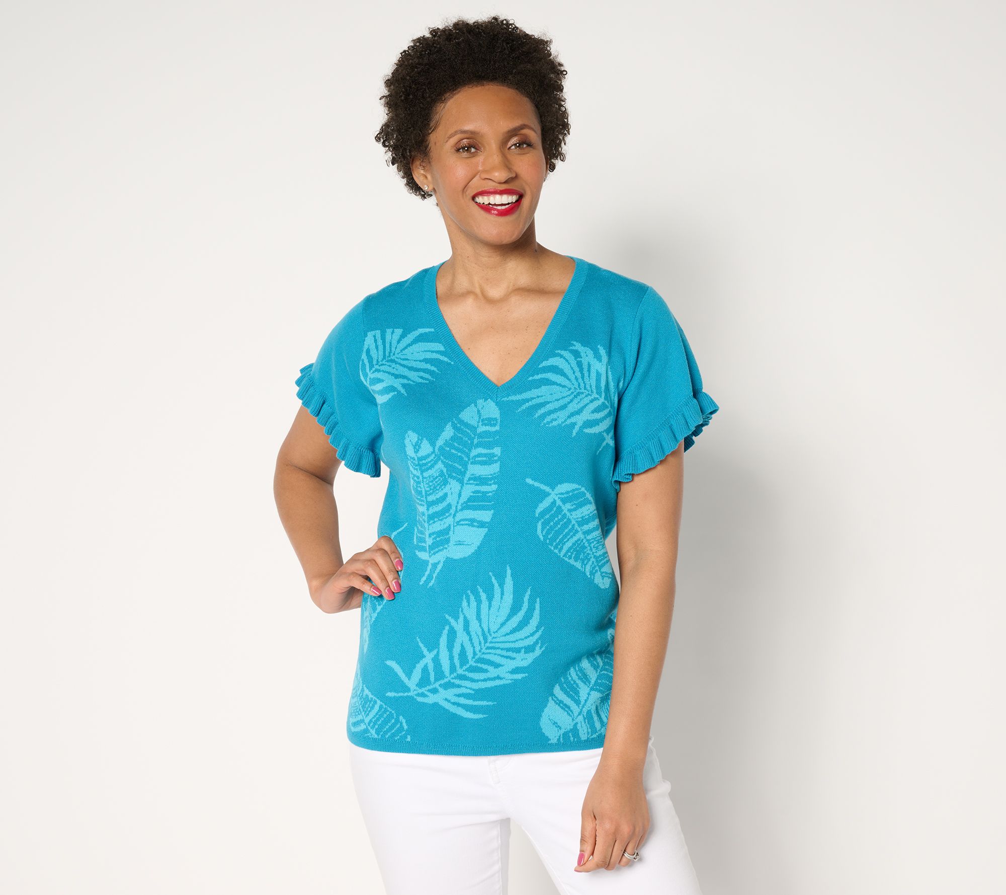 "As Is" Susan Graver Jacquard Sweater with Flutter Sleeves