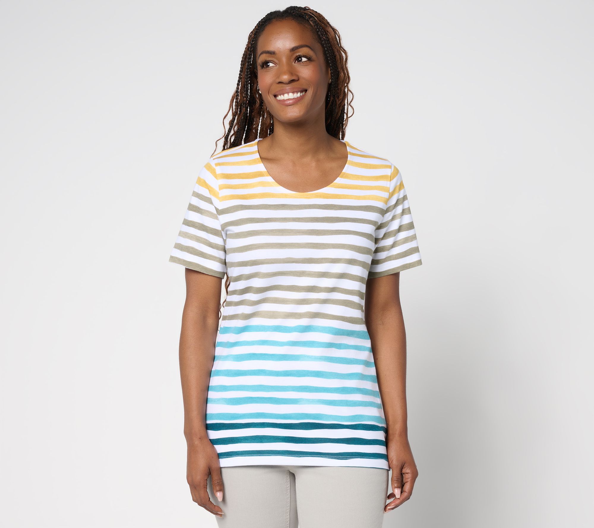 "As Is" Denim & Co. Active Textured Cotton Short Sleeve Striped Top