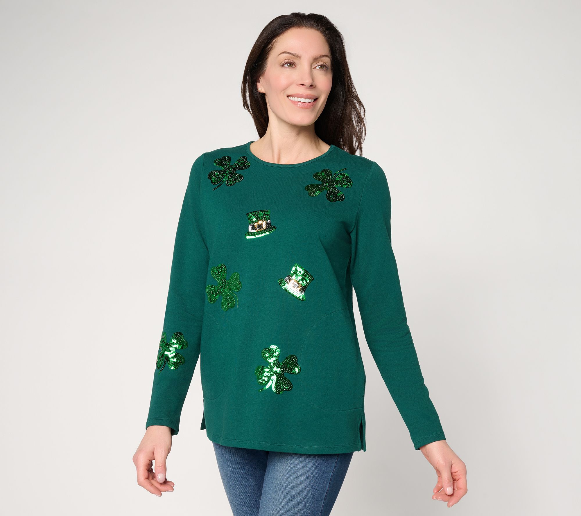  Quacker Factory Feelin' Lucky French Terry Long Sleeve Top - A720917