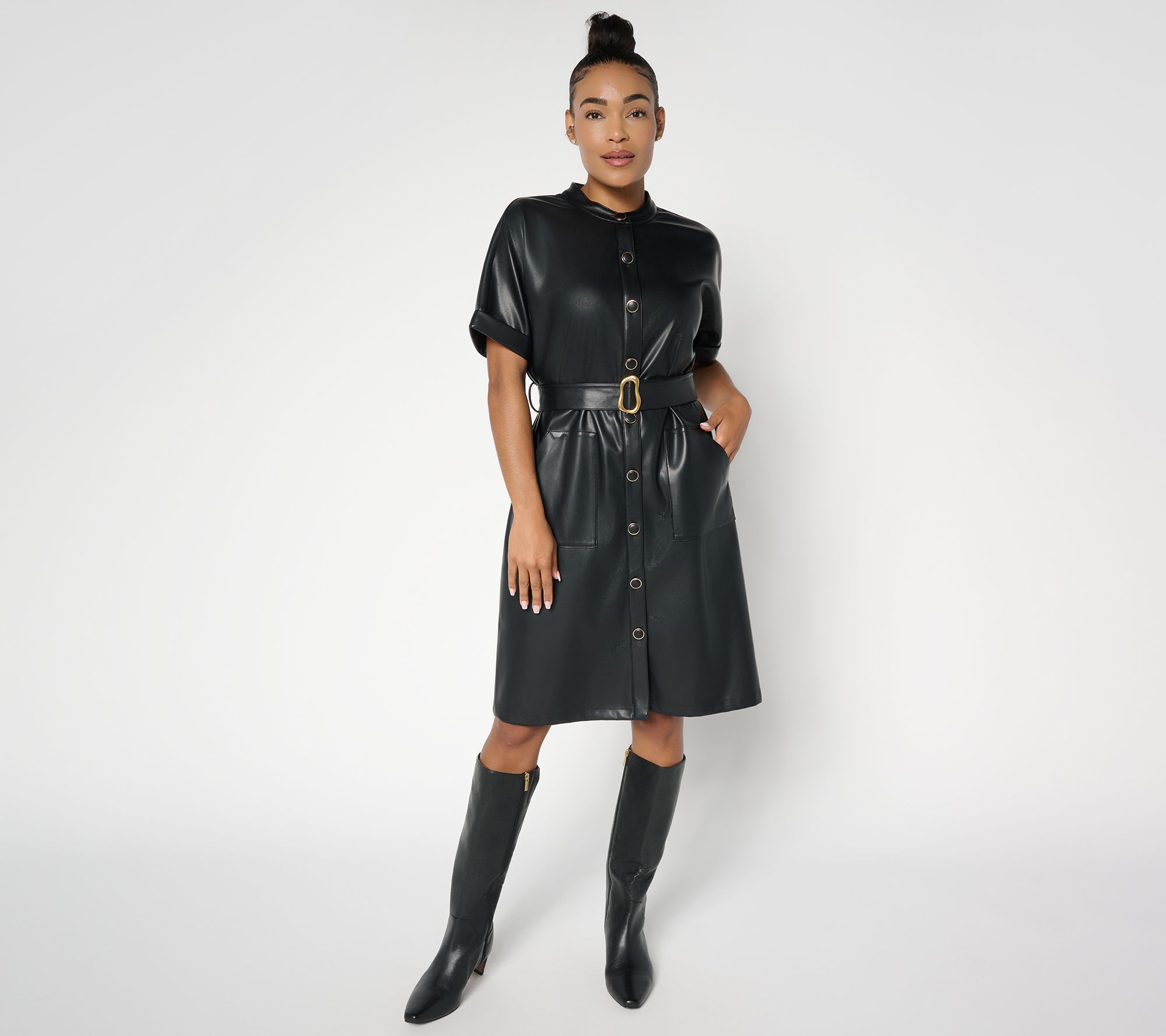 "As Is" GRAVER Susan Graver Pet Faux Leather Button Front Dress