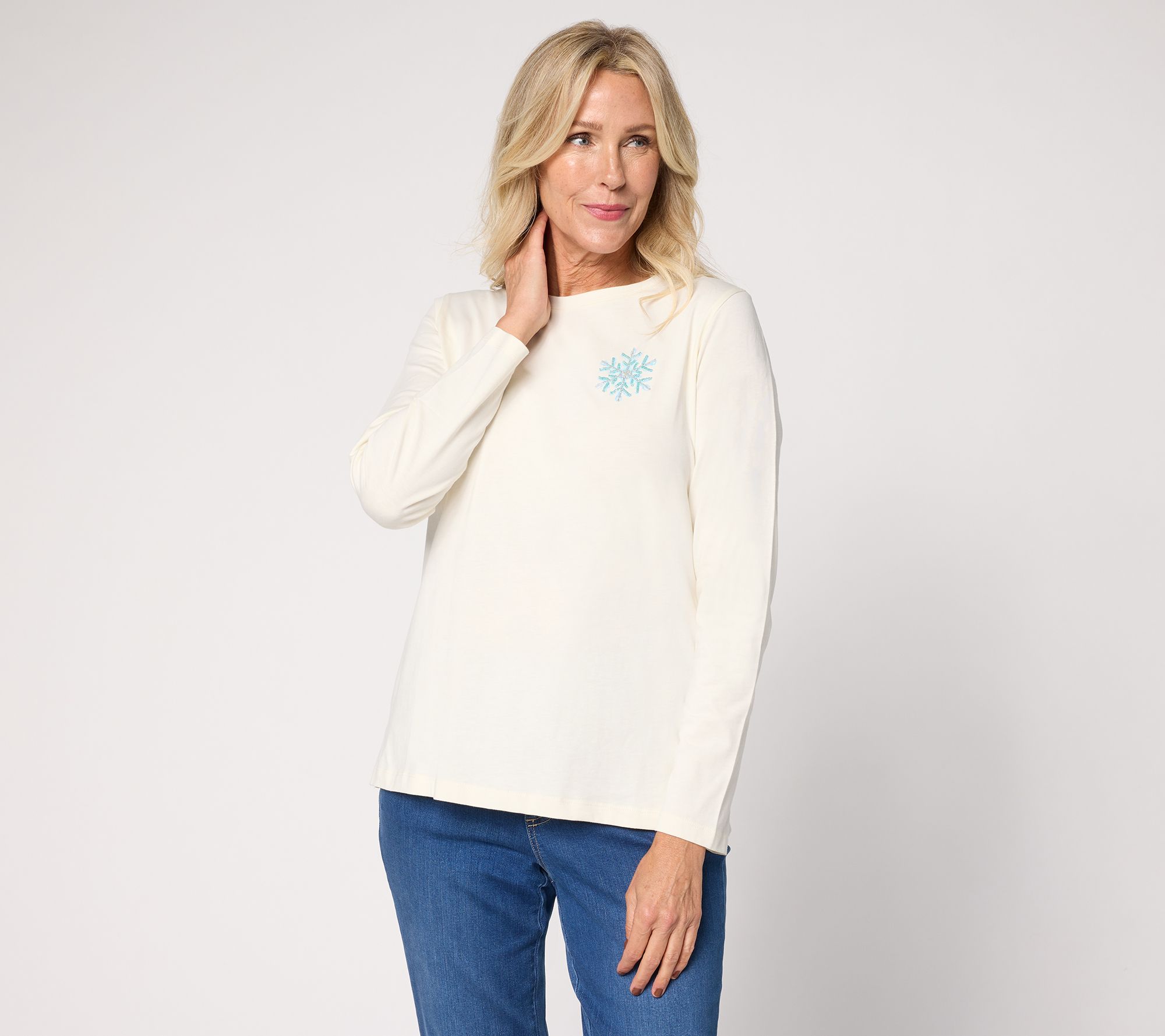 "As Is" Denim & Co. 100% Cotton Stripe or Solid Snowflake Long Sleeve Top