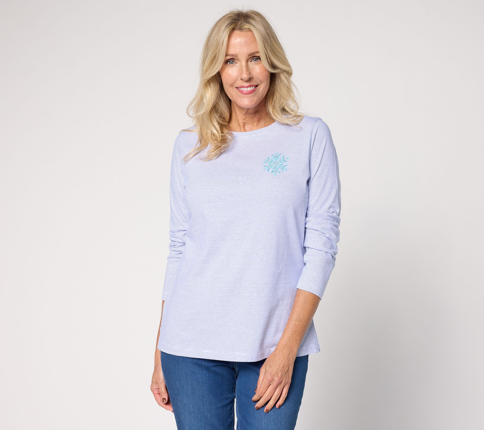 "As Is" Denim & Co. 100% Cotton Stripe or Solid Snowflake Long Sleeve Top