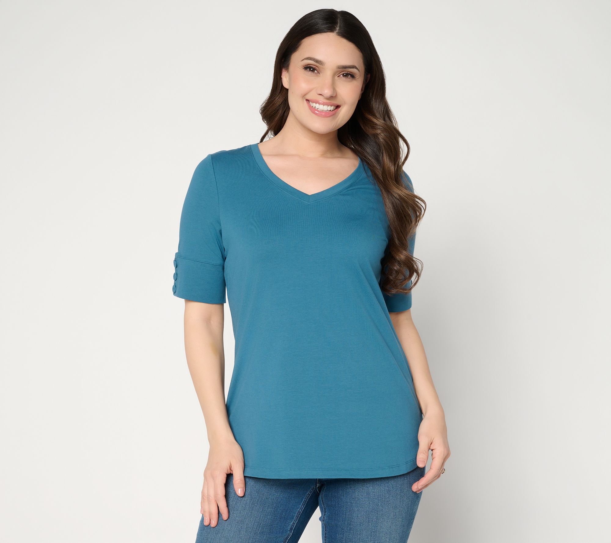 "As Is" Denim & Co. Perfect Jersey Elbow Sleeve Top with Button Detail