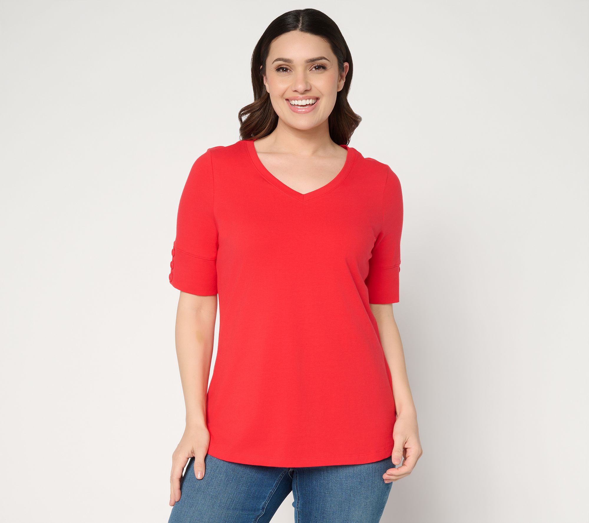 "As Is" Denim & Co. Perfect Jersey Elbow Sleeve Top with Button Detail