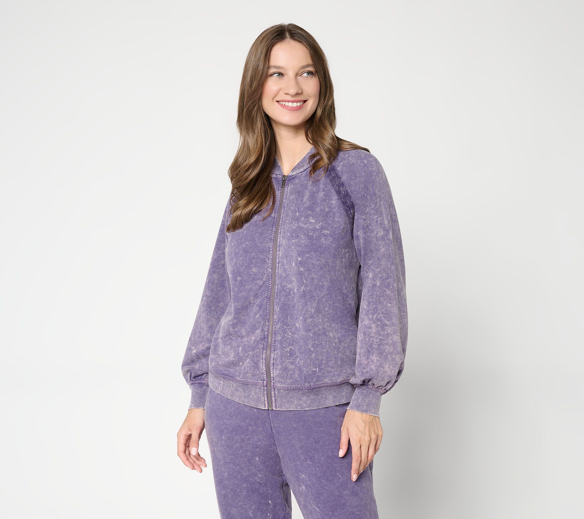  LOGO Lounge by Lori Goldstein Washed Terry Zip- Up with Lace Trim