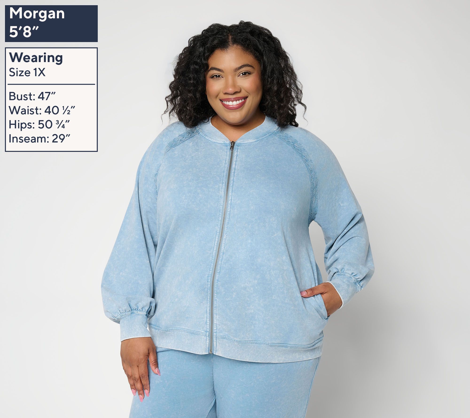 LOGO Lounge by Lori Goldstein Washed Terry Zip- Up with Lace Trim