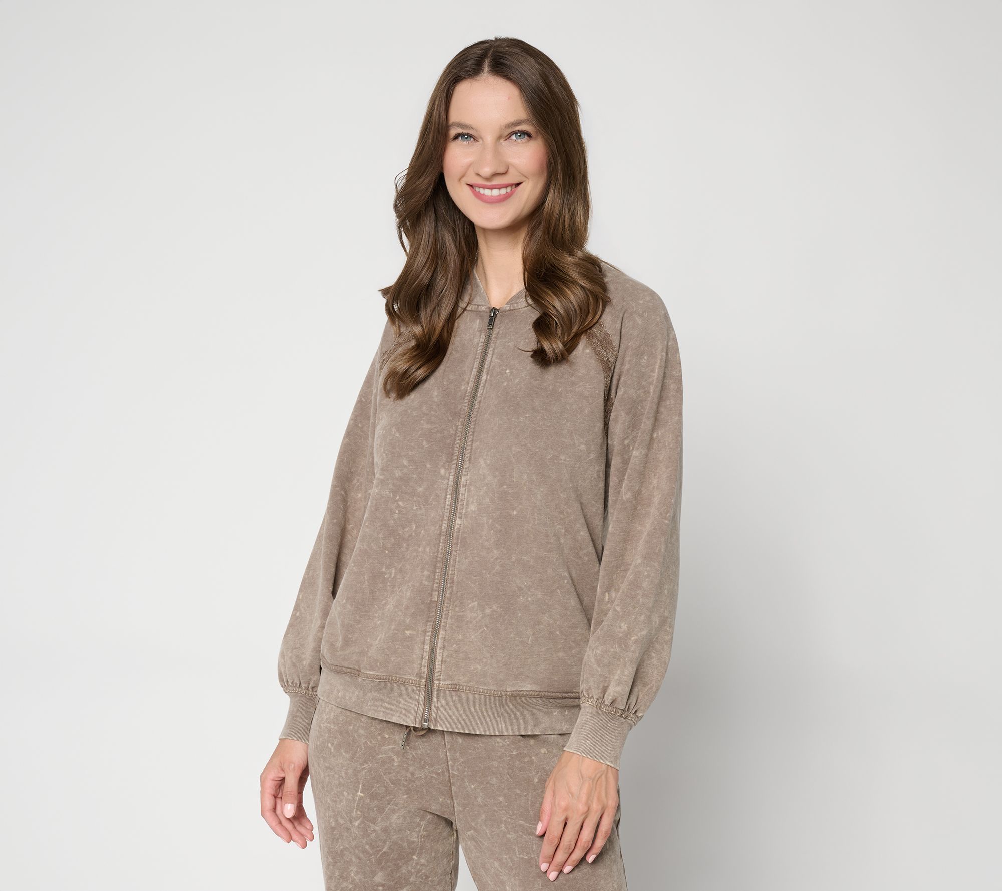 LOGO Lounge by Lori Goldstein Washed Terry Zip- Up with Lace Trim