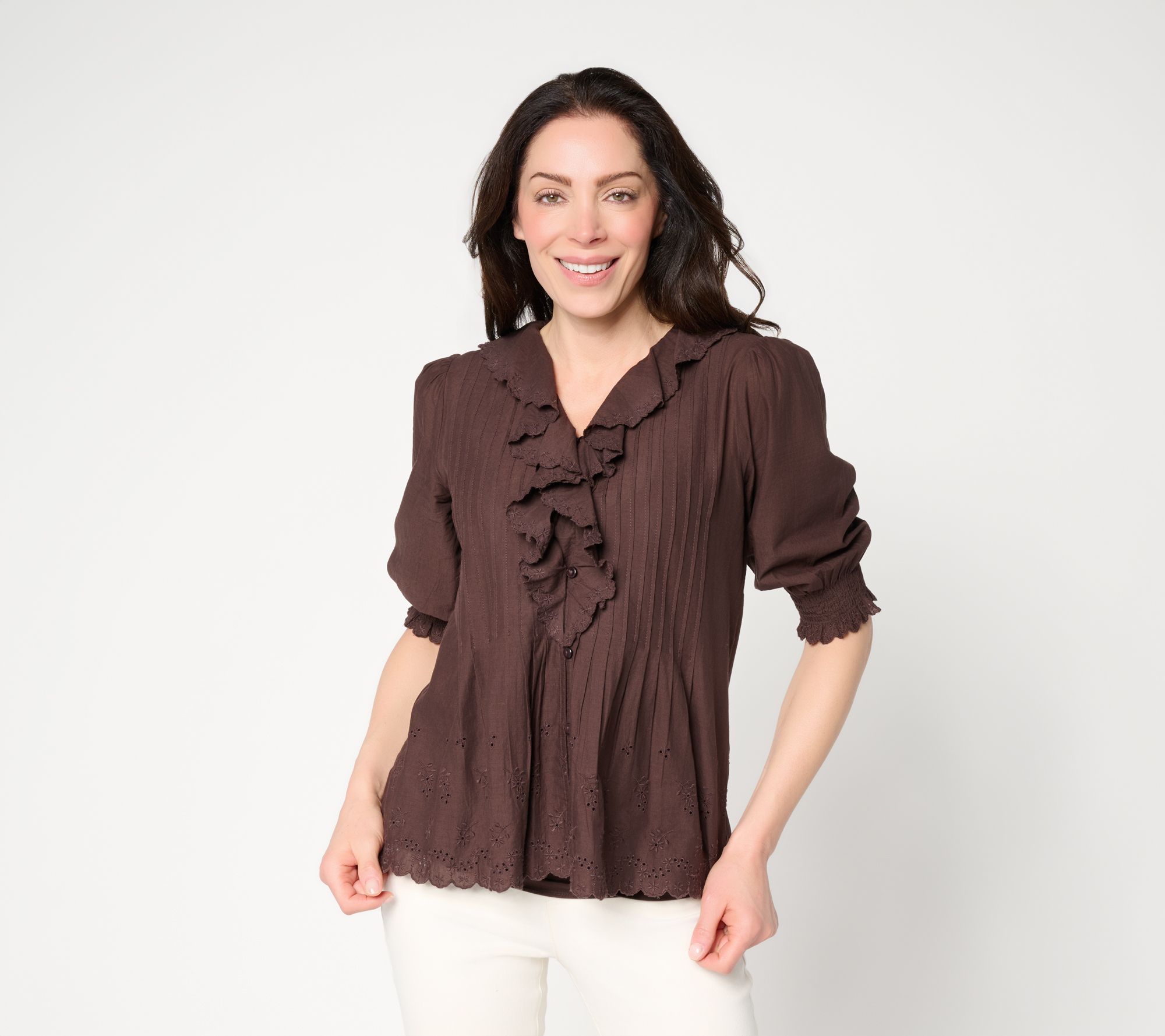 "As Is" Ree by the Pioneer Woman Ruffle Front Eyelet Trim Blouse