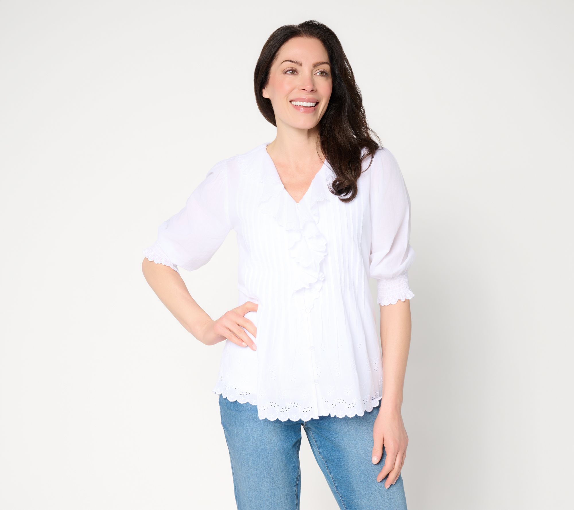 "As Is" Ree by the Pioneer Woman Ruffle Front Eyelet Trim Blouse