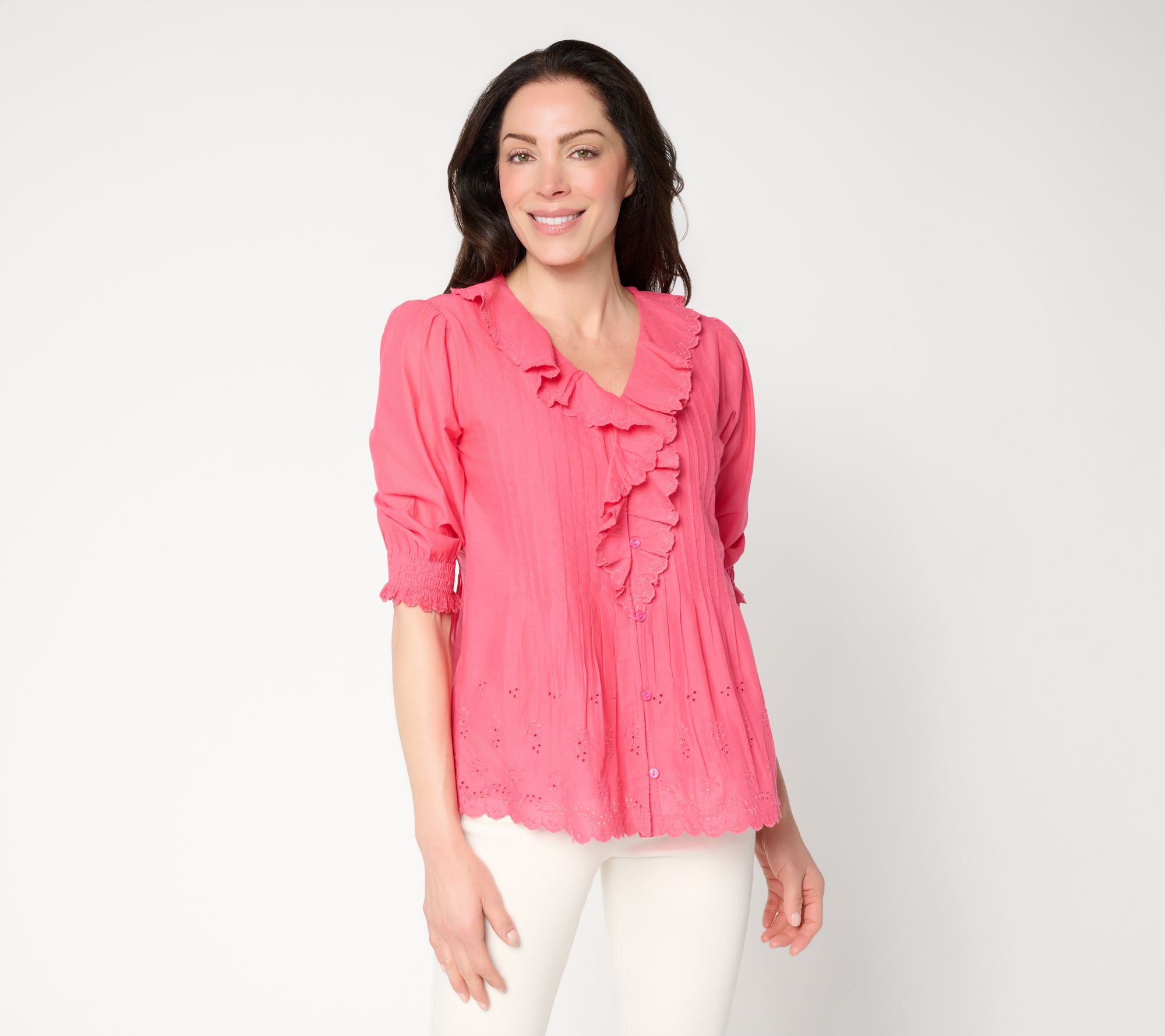 "As Is" Ree by the Pioneer Woman Ruffle Front Eyelet Trim Blouse