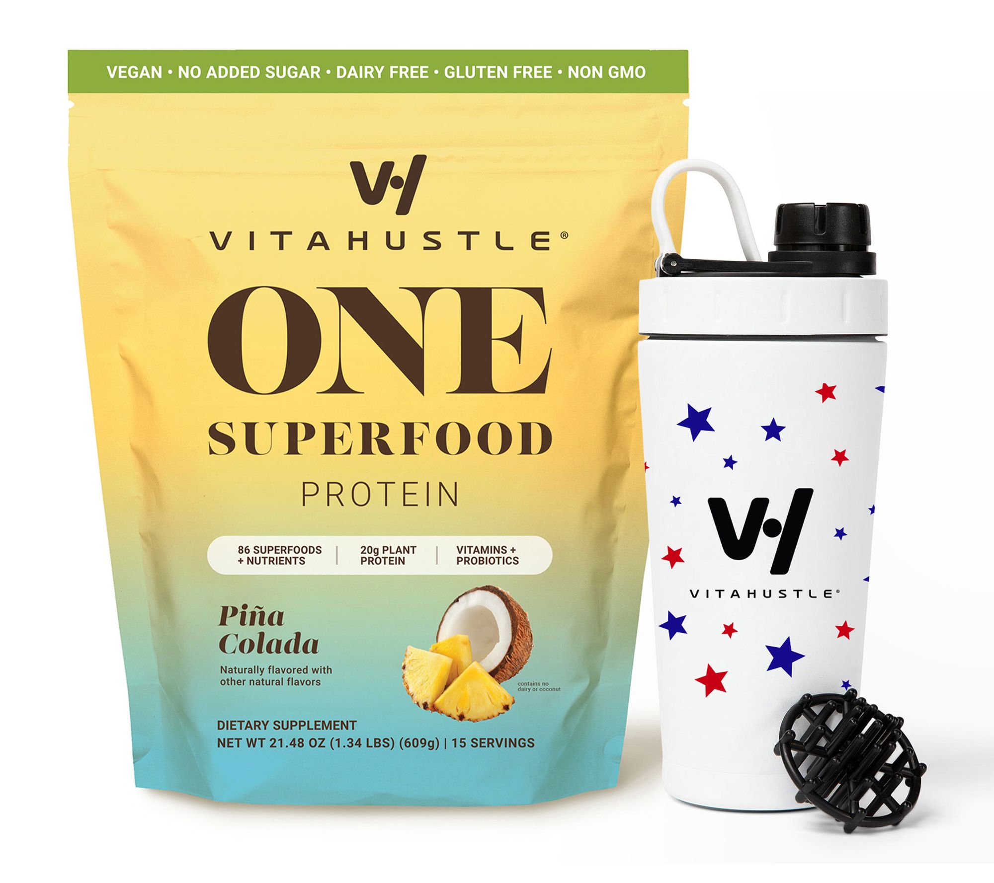 VitaHustle ONE Superfood 20g Protein Shake w/ Americana Shaker Bottle