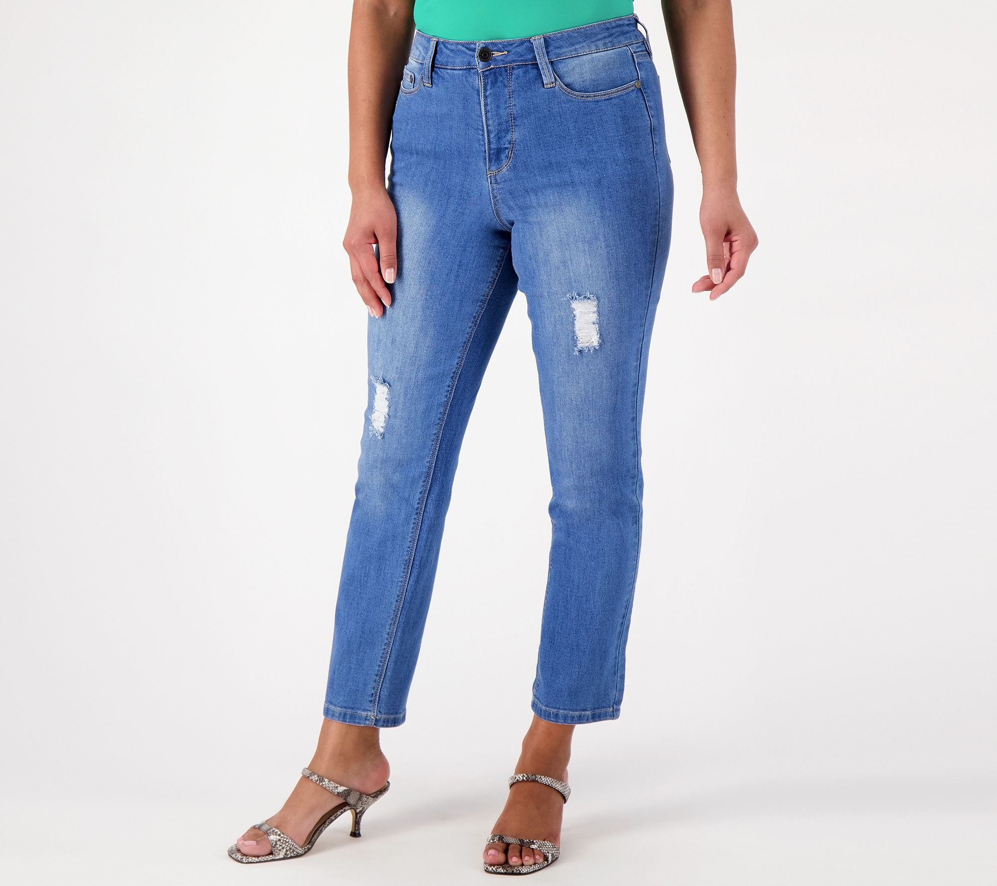 Susan Graver Straight Leg Distressed Ankle Jeans - QVC.com