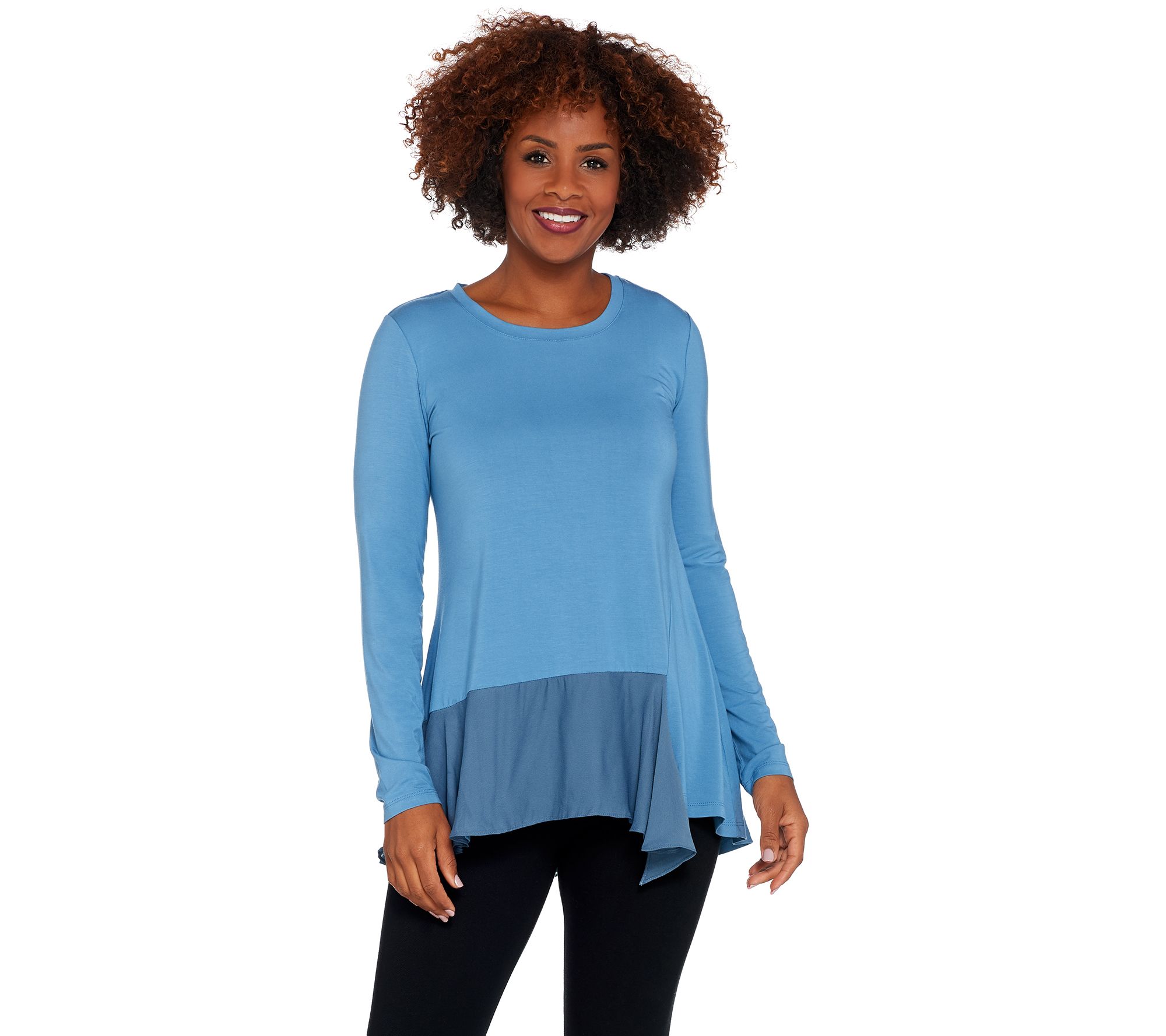 LOGO by Lori Goldstein Rayon 230 Top with Woven Asymmetric Hem