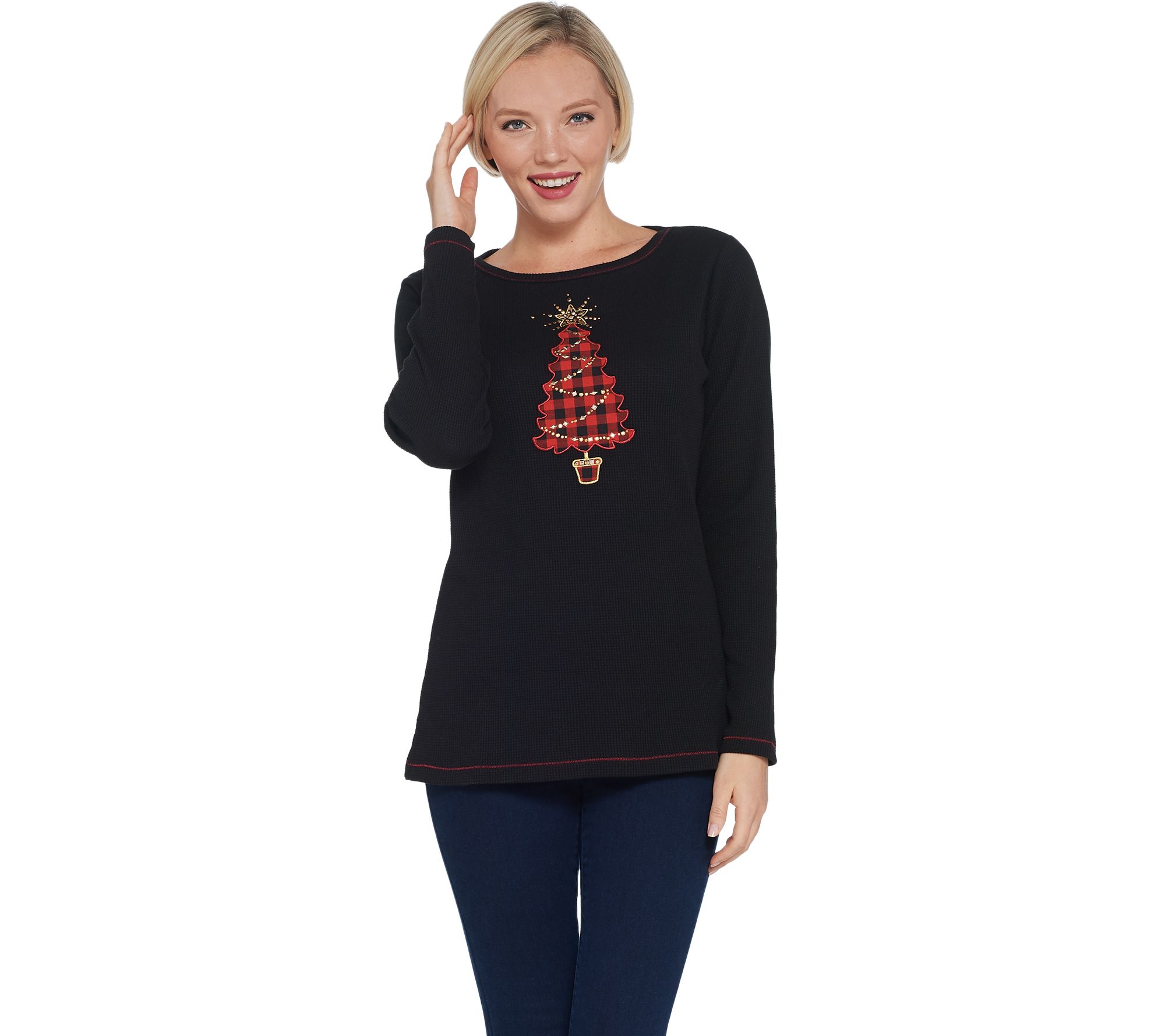 "As Is" Quacker Factory Waffle Knit Top with Plaid Motif Detail